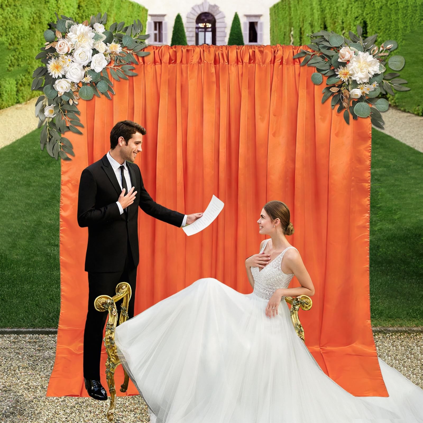 2 PCS 10×10 Ft Orange Fabric Satin Backdrop Curtain Rod Pocket Party Drapes