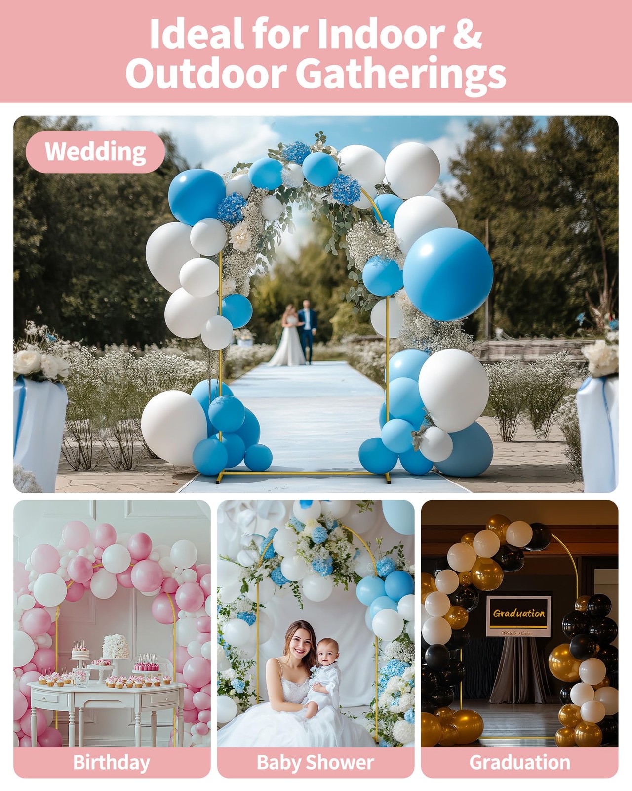Gold Metal Arch Backdrop Stand Set of 3 (7.2ft & 6.0ft & 6.0ft), Wedding Ball…