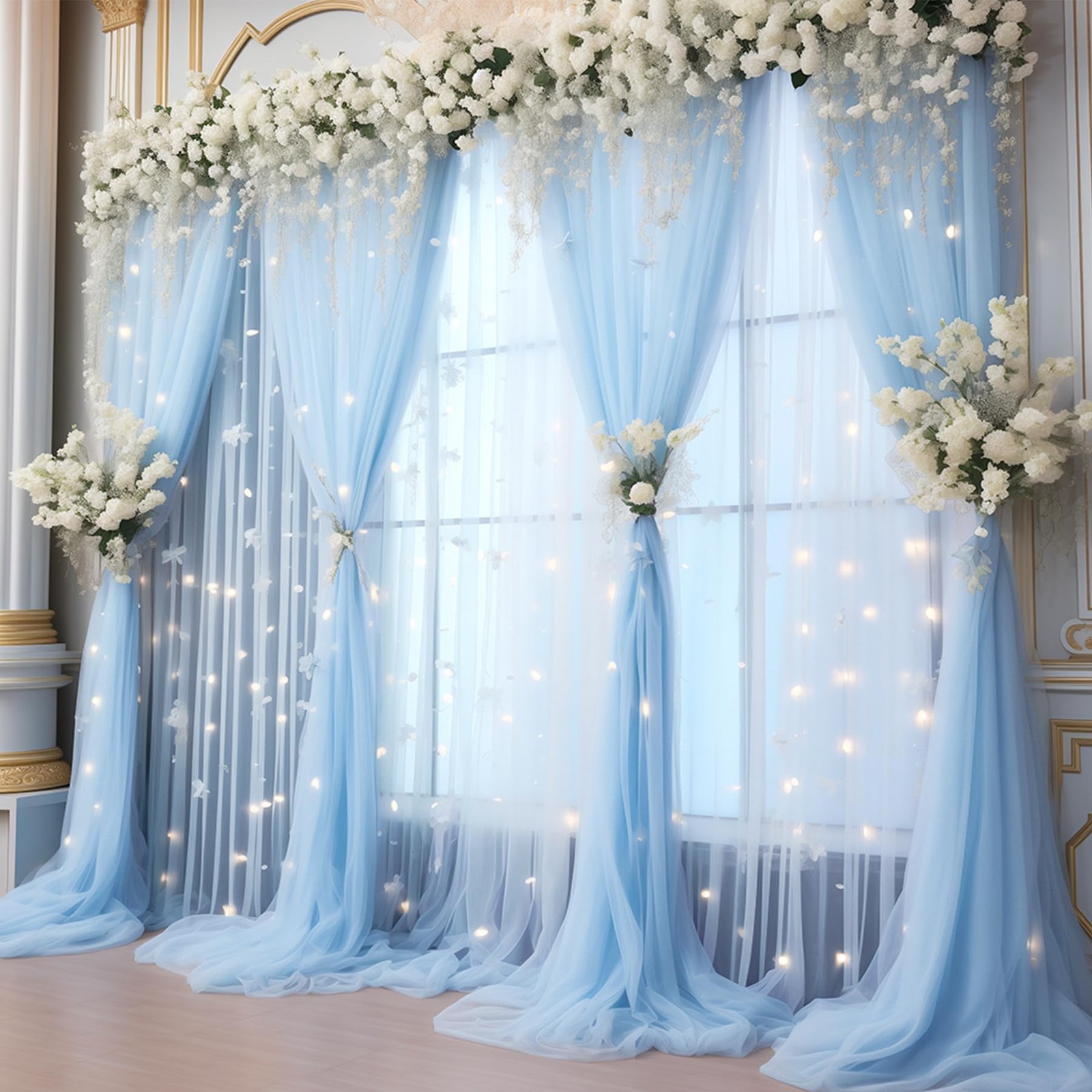 Tulle Backdrop Curtain Light String Wedding Ceremony Reception Baby Blue 10x10ft
