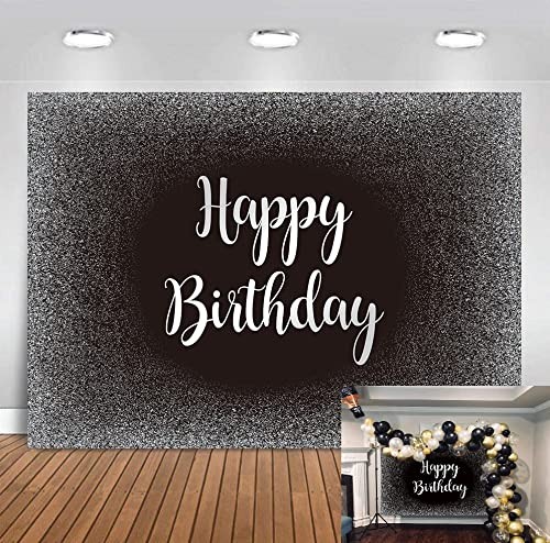 Black and Silver Happy Birthday Backdrop Fathers Day Grey Glitter Photography…