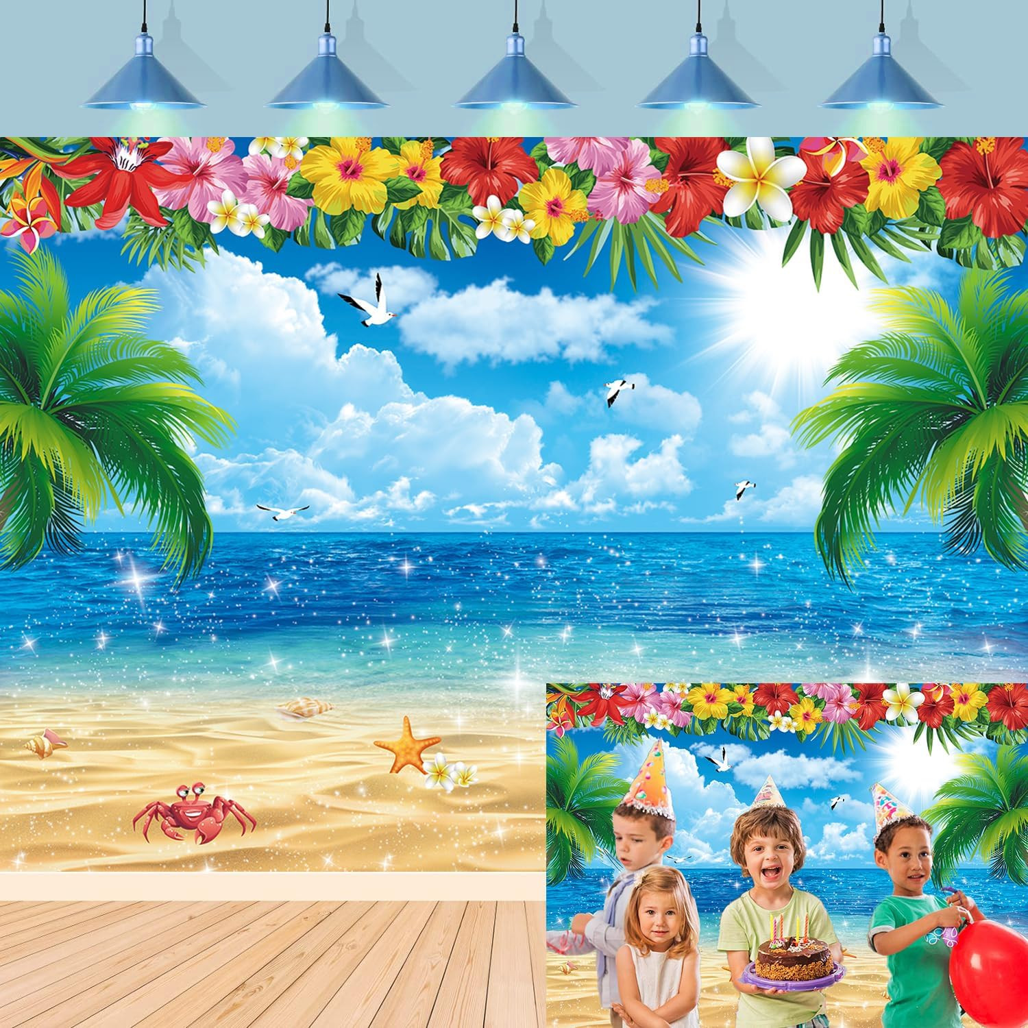 XCKALI Summer Hawaiian Beach Backdrop Tropical Flower Palm Ocean Birthday