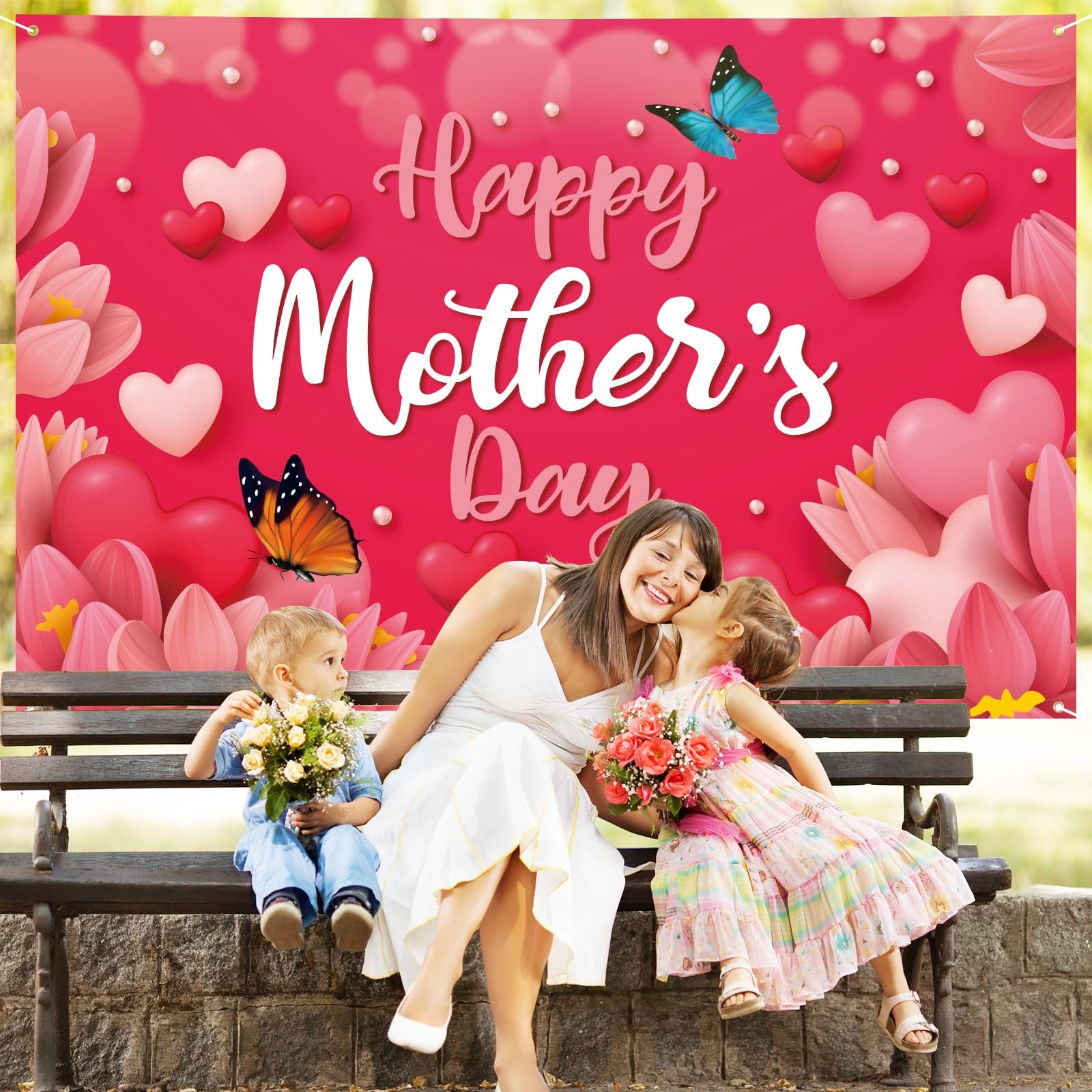 Mothers Day Banner 72″ x 48″ Decorations Happy Mother’s Day Backdrop Flowers Red