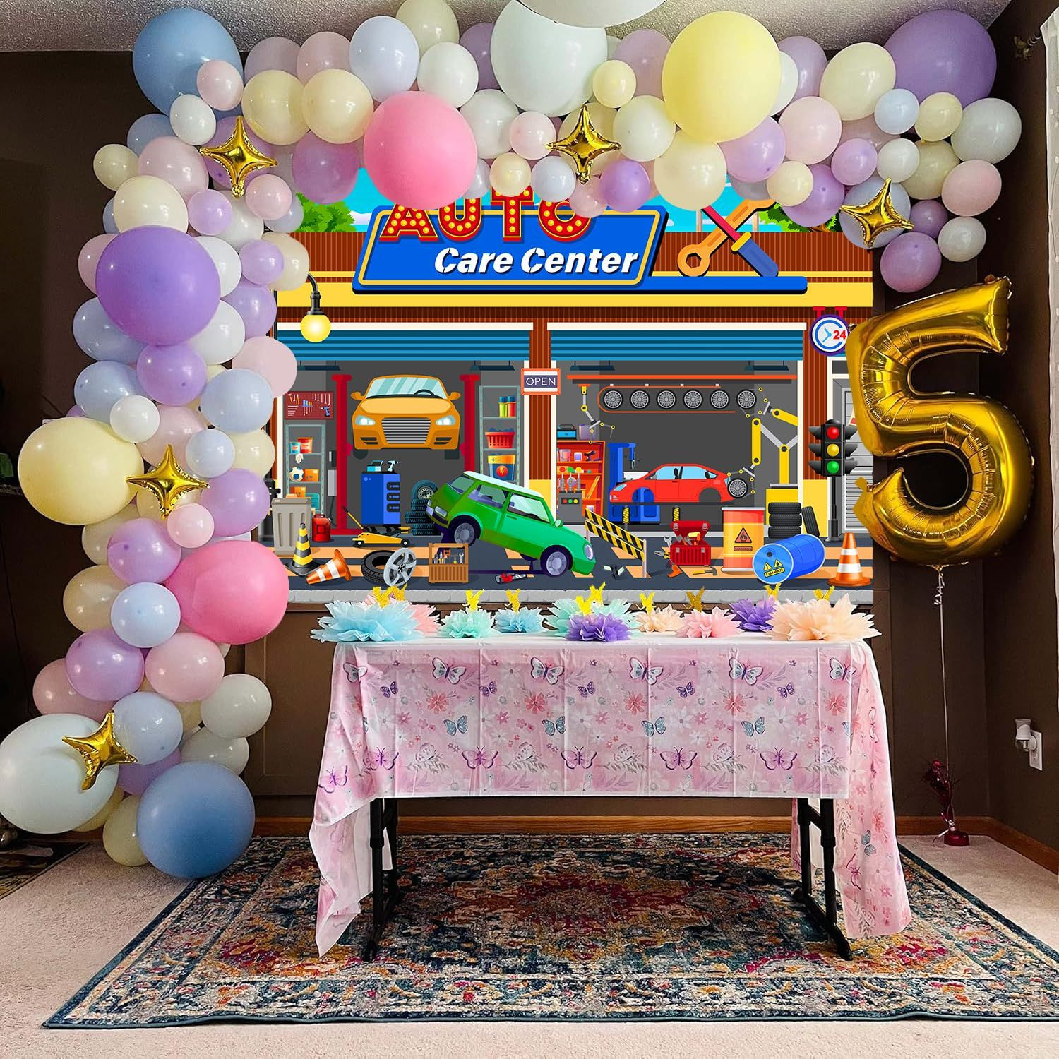 HANYING Cartoon Auto Repair Shop Backdrop for Boy Birthday 7x5ft, colorful