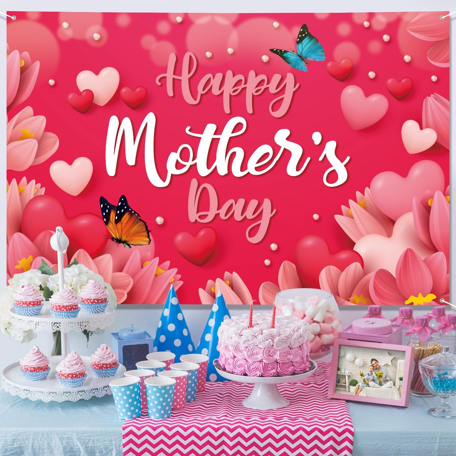 Mothers Day Banner 72″ x 48″ Decorations Happy Mother’s Day Backdrop Flowers Red