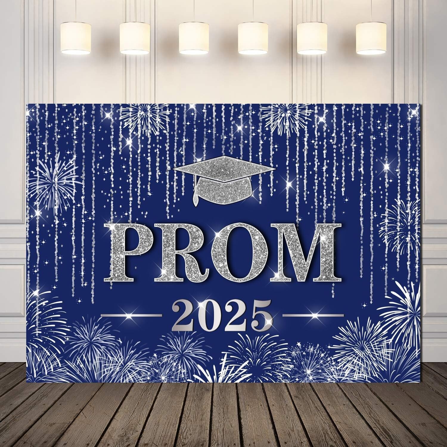 LYCGS 7X5ft Navy Blue and Silver Backdrop Class of 2025 Prom Party Decor Banner