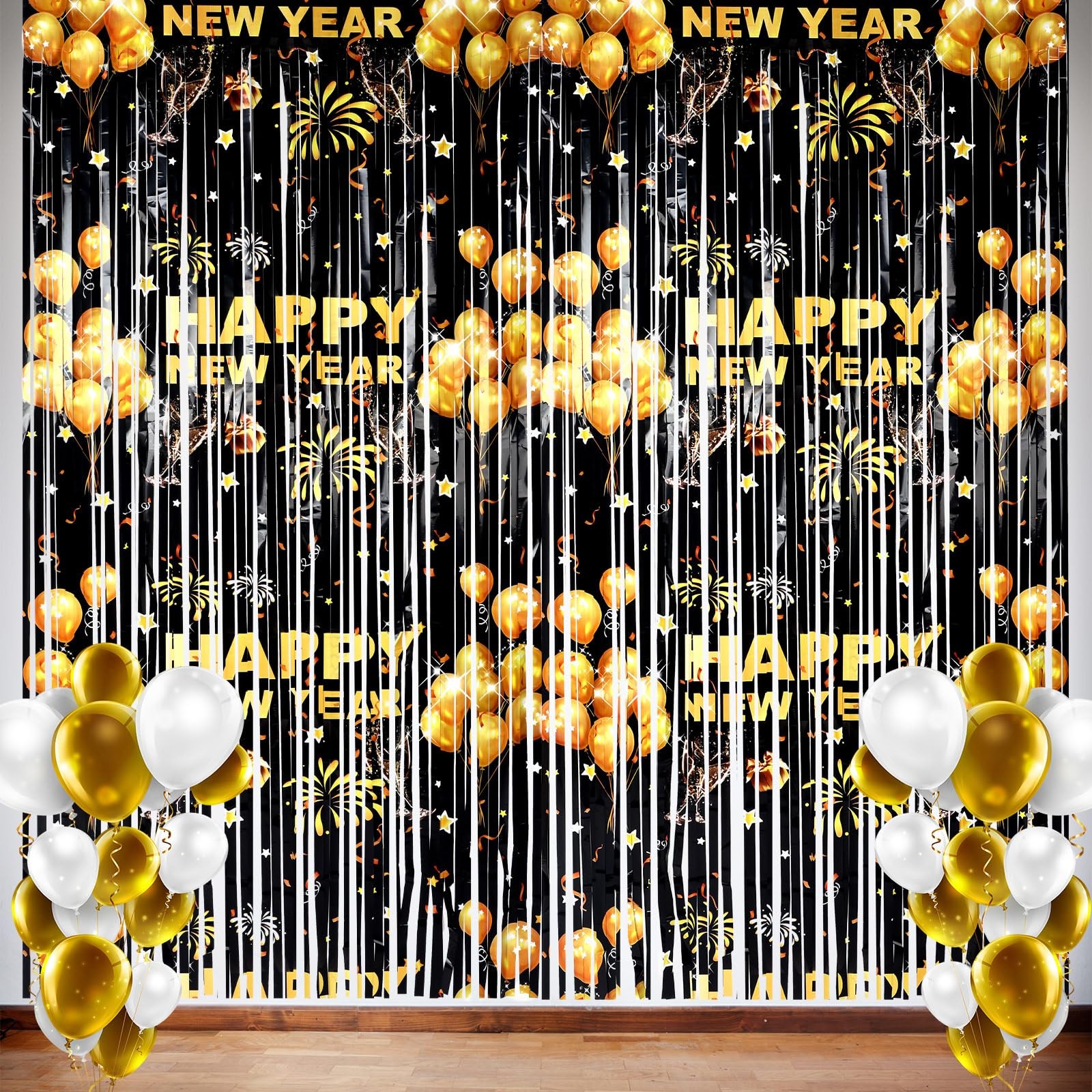 2 Pack Happy New Year 2026 Black Gold Foil Curtains Metallic Fringe 3.3×6.6