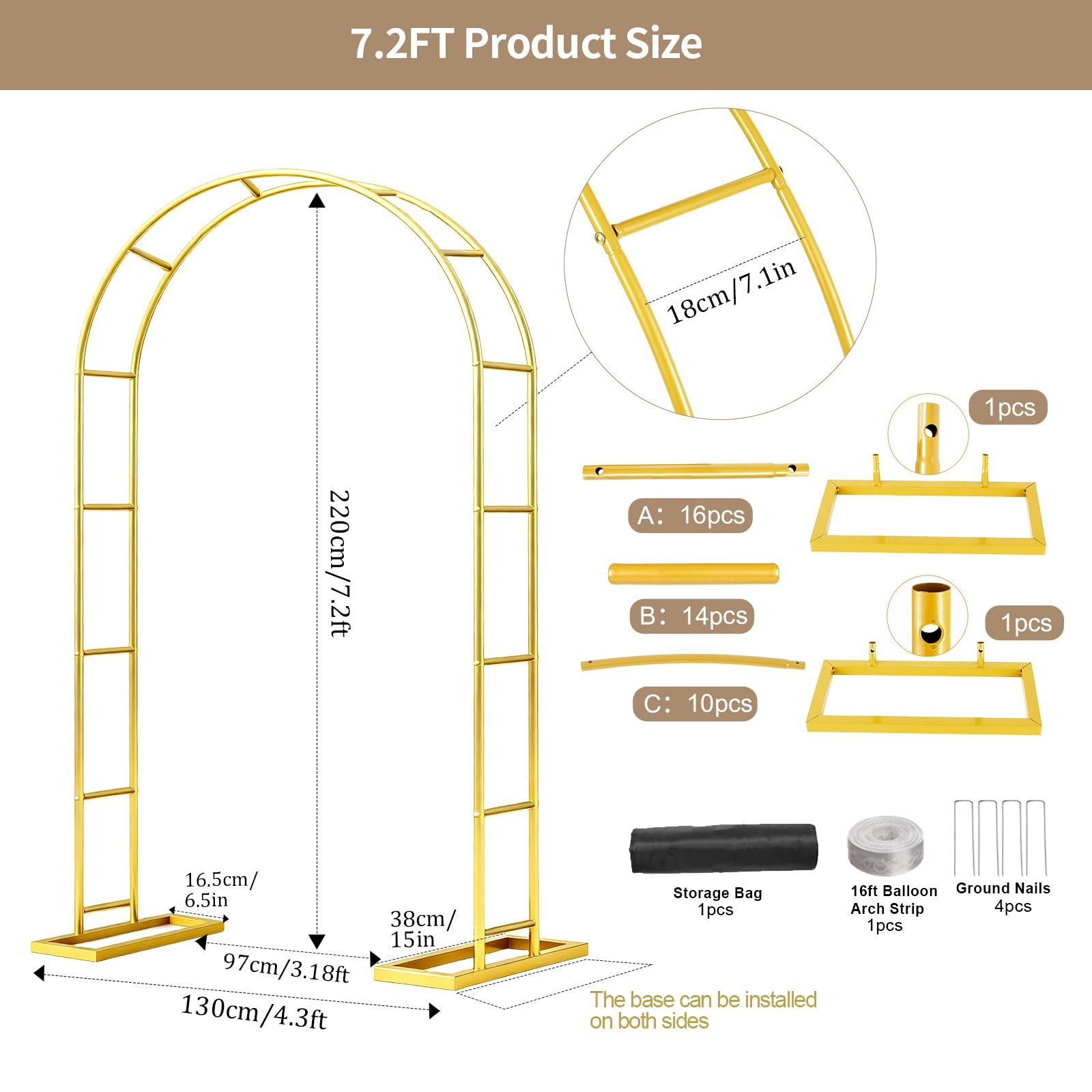 7.2FT Metal Wedding Arch Stand Gold Square Arched Backdrop Frame Metal Pergol…