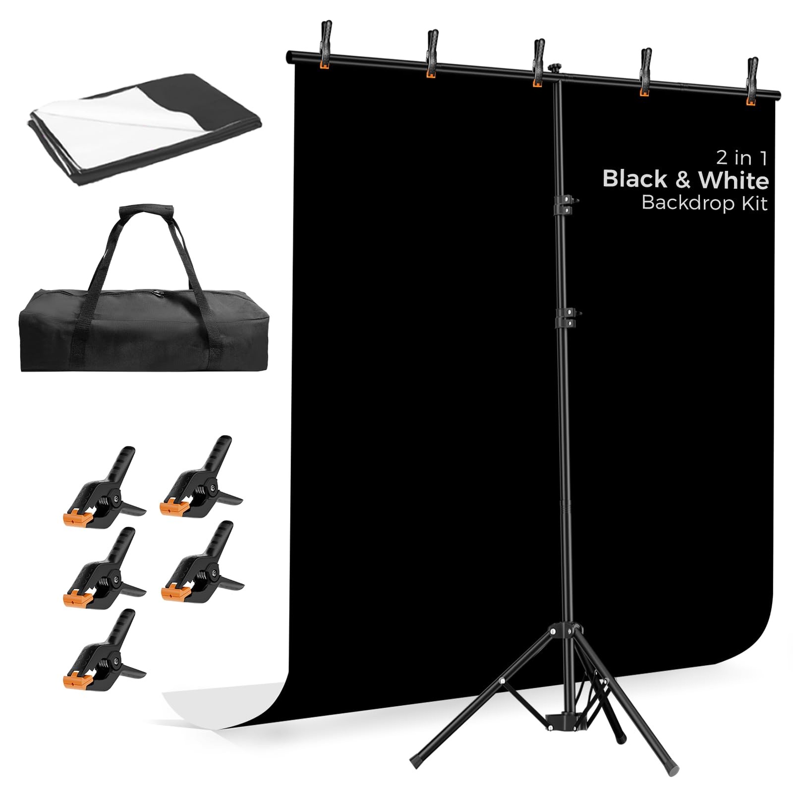 Photo Backdrop with Stand Kit 6.5x5ft, Photography Black and White 2-in-1 Rev…