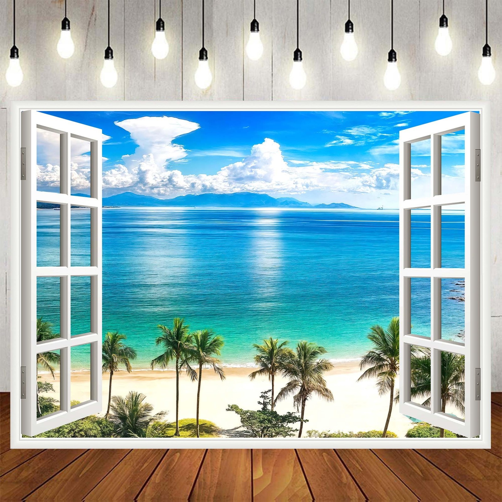 Summer Beach Window Backdrop Hawaii Tropical Island Palm Ocean 6×4 Ft Prop