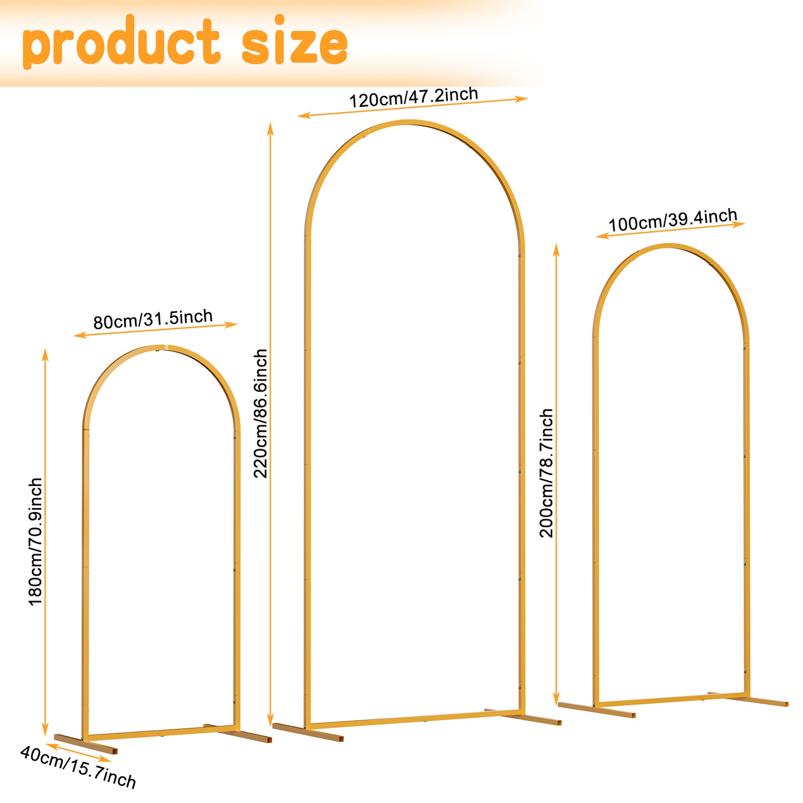 Set of 3 Arch Backdrop Stand Metal Wedding Arch Stand Frame 7.2ft 6.6ft 6ft