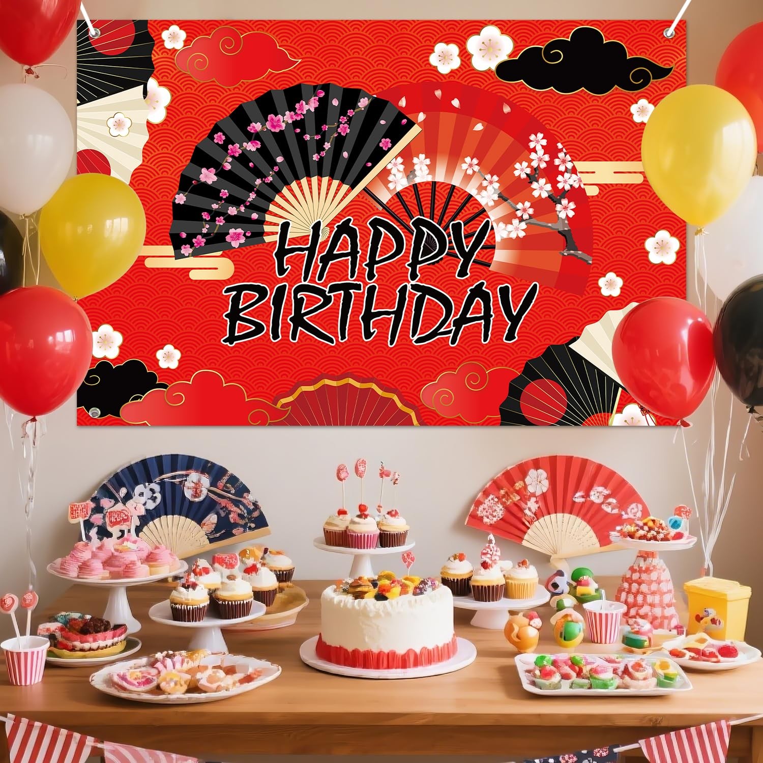 Folding Fans Party Decoration Supplies – Hibachi Happy Birthday Backdrop, Fol…
