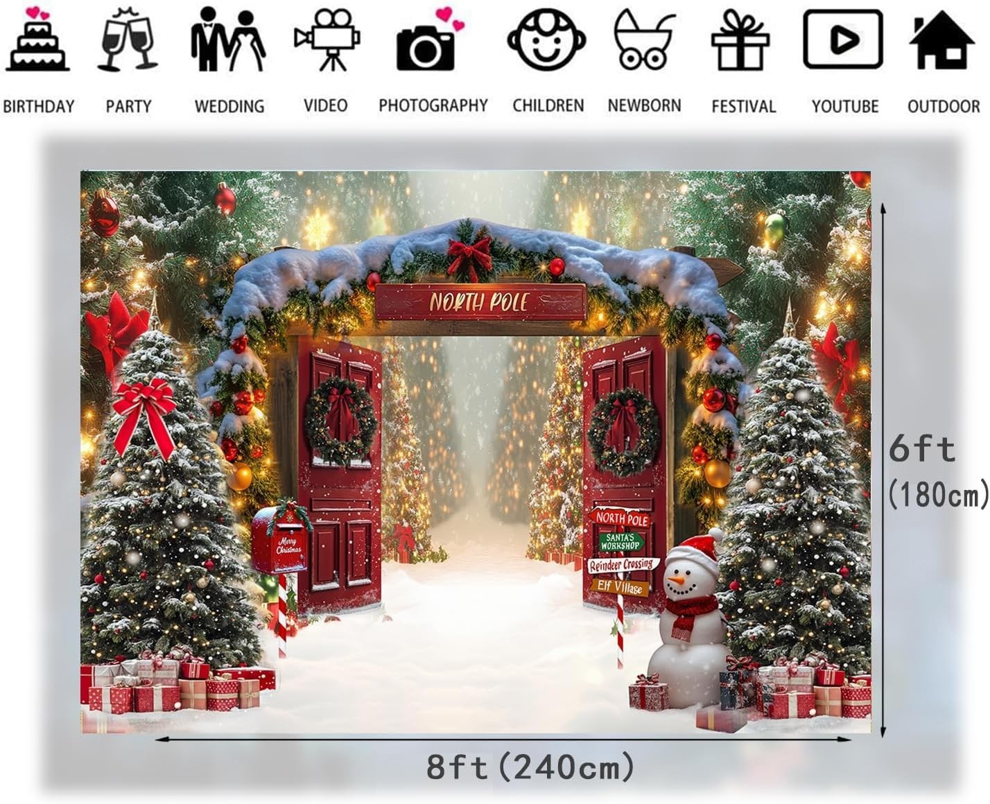 8x6ft Fabric Christmas Backdrop Winter Forest Wooden Barn Door North Pole Snowy