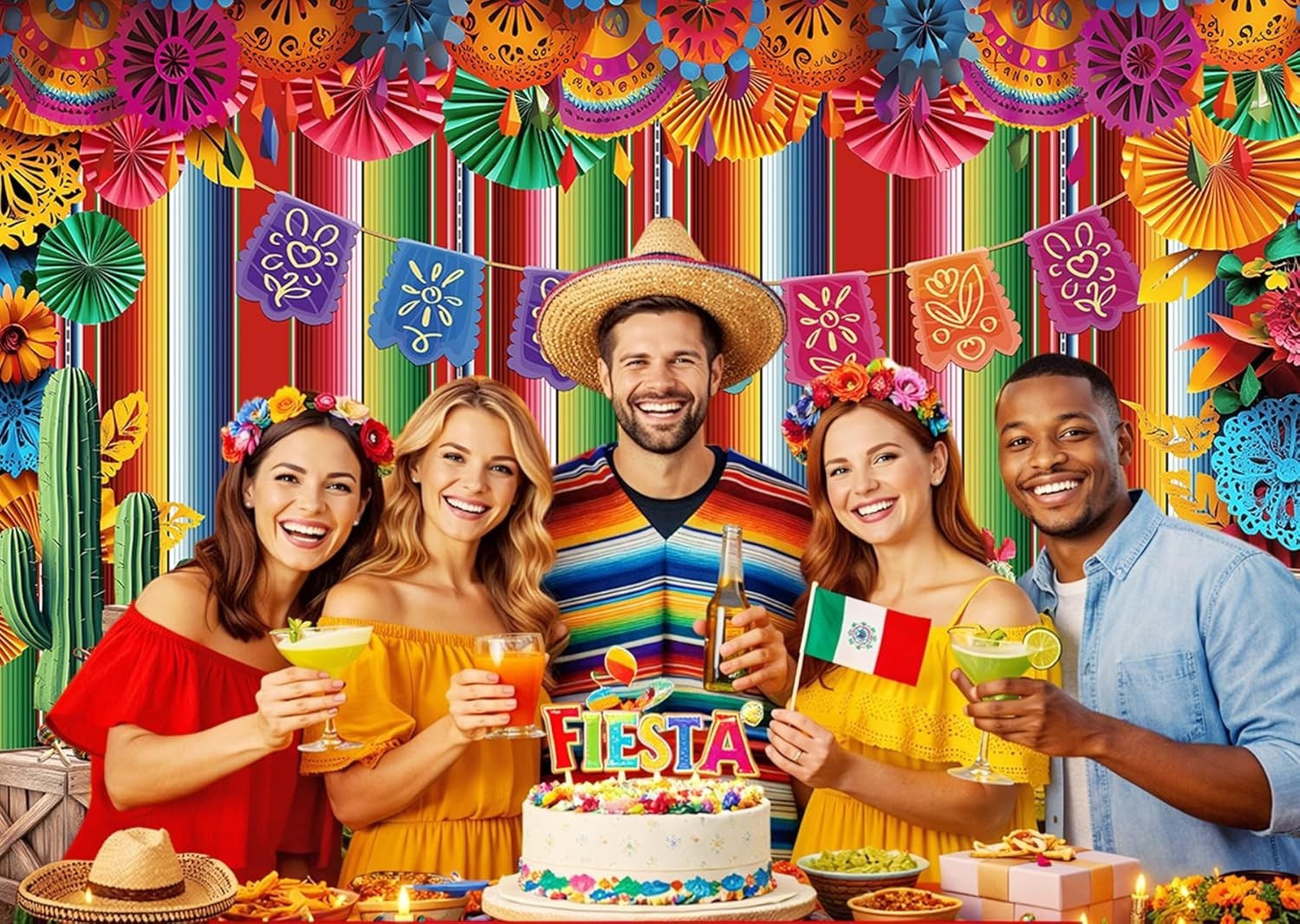 7x5ft Mexican Fiesta Backdrop Paper Flowers Photography Background 331