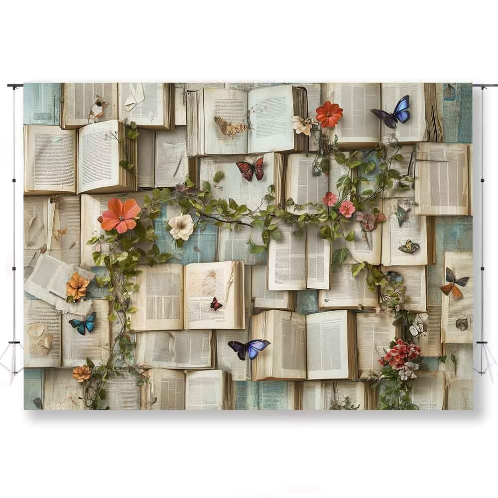 7x5ft Books Theme Photo Backdrop Flowers Bookshelf Floral Photography Background