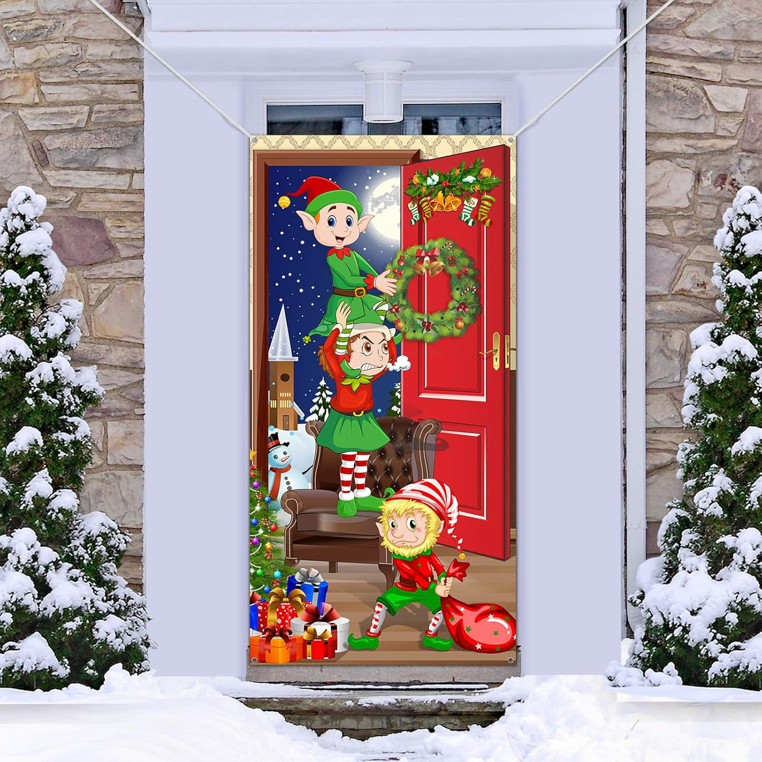 Funny Elves Fabric Door Backdrop – Santa Christmas Photo Booth Backdrop Banner a