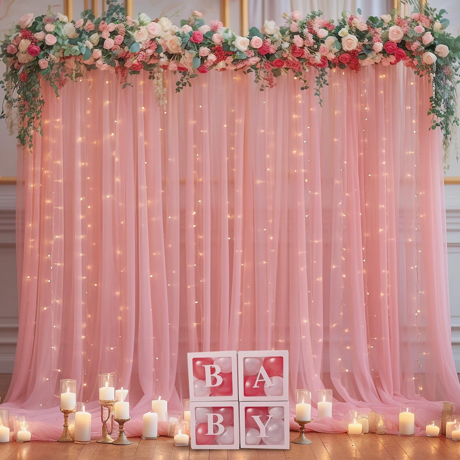 10ft x 10ft Dusty Rose Backdrop Curtain with Lights String for Parties, Sheer…