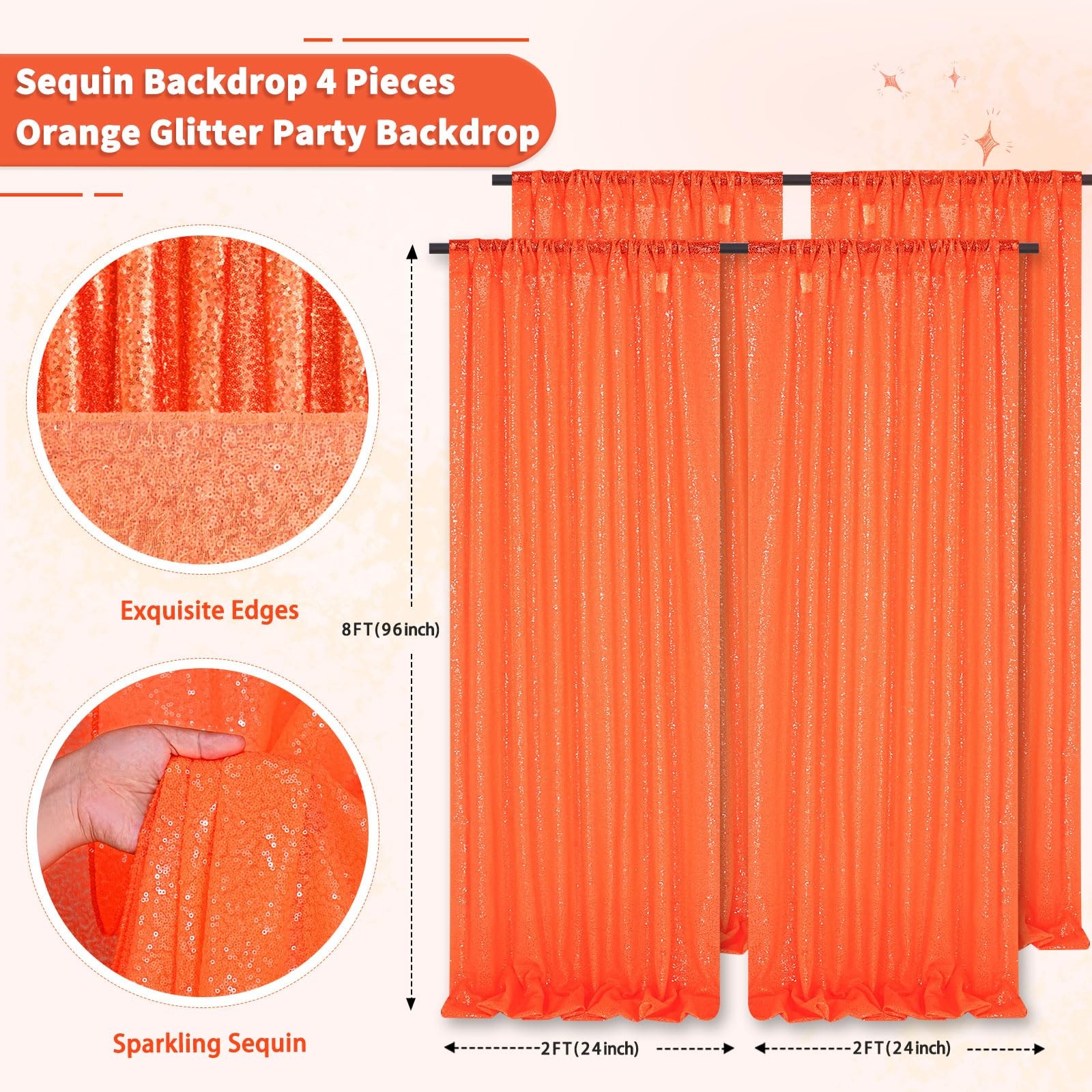 Orange Glitter Shimmer Sequin Halloween Party Photo Backdrop 2×8 Ft 4 PCS