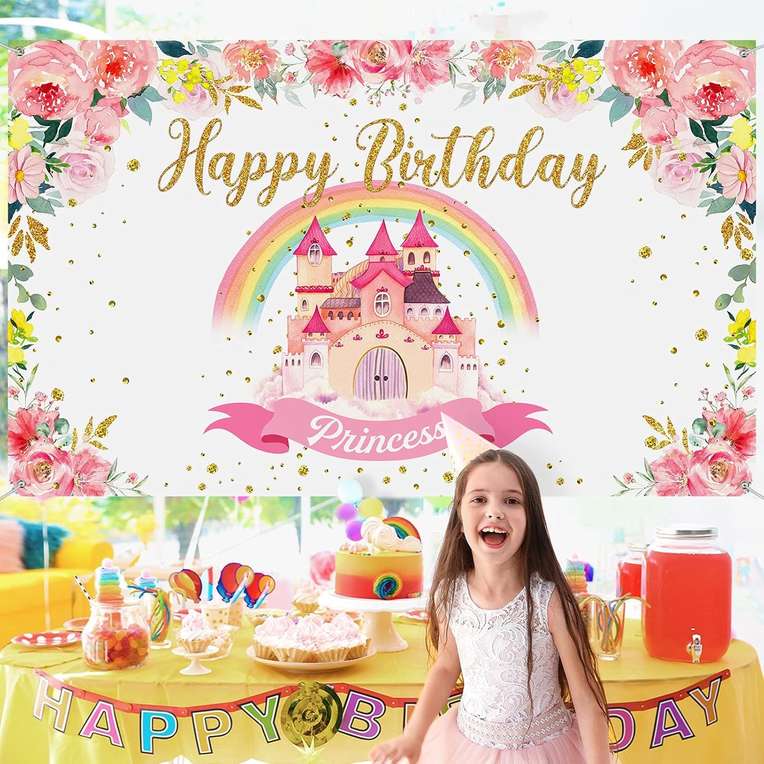 Tegeme Princess Birthday Party Backdrop Pink Royal Castle Large, Pink,Rainbow