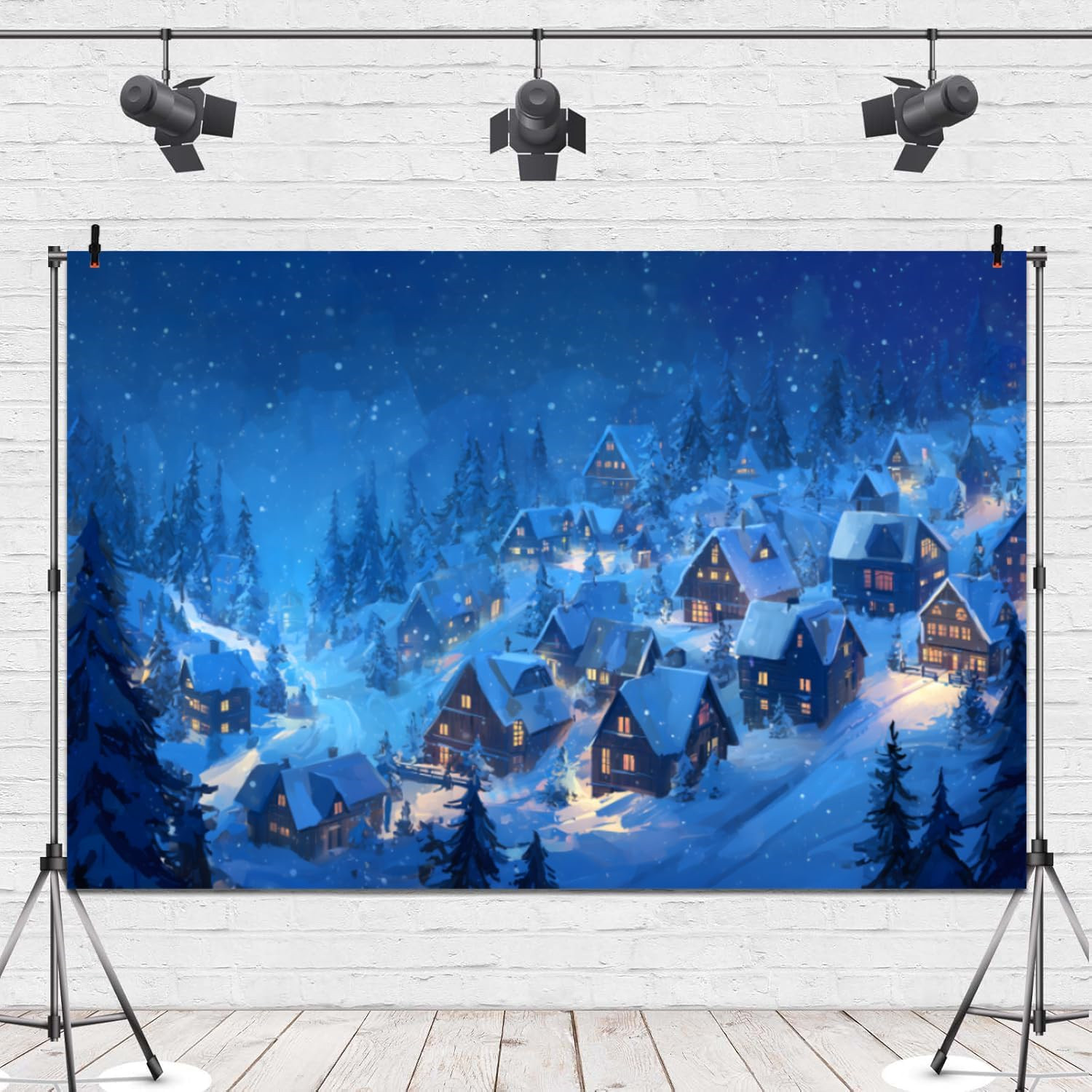 Christmas Village Backdrop 20x10ft Rustic Night View Forest Trees Snowing Lights