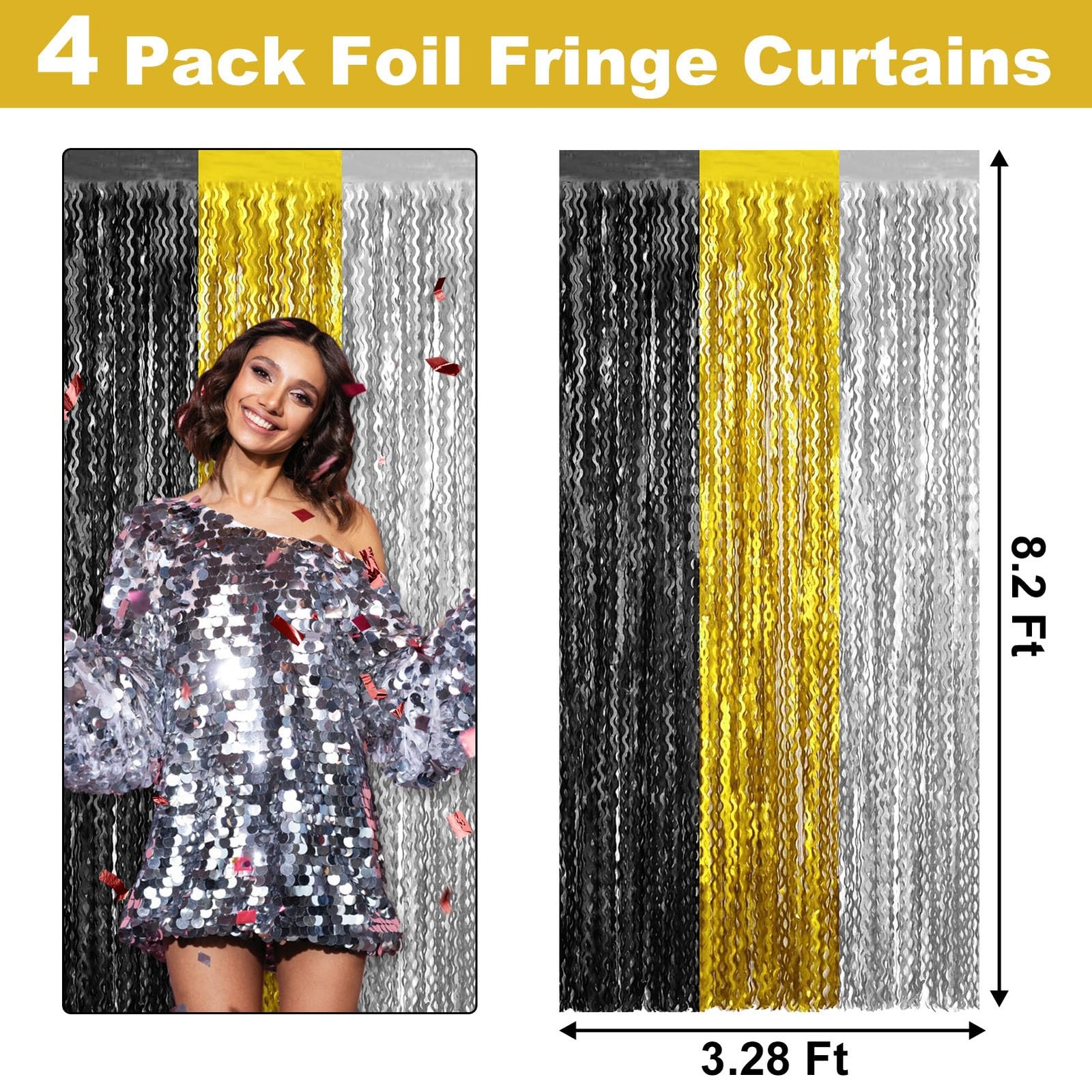 Black Gold Silver Fringe Curtain Backdrop Metallic Tinsel 3.2×8.2FT 4 PCS