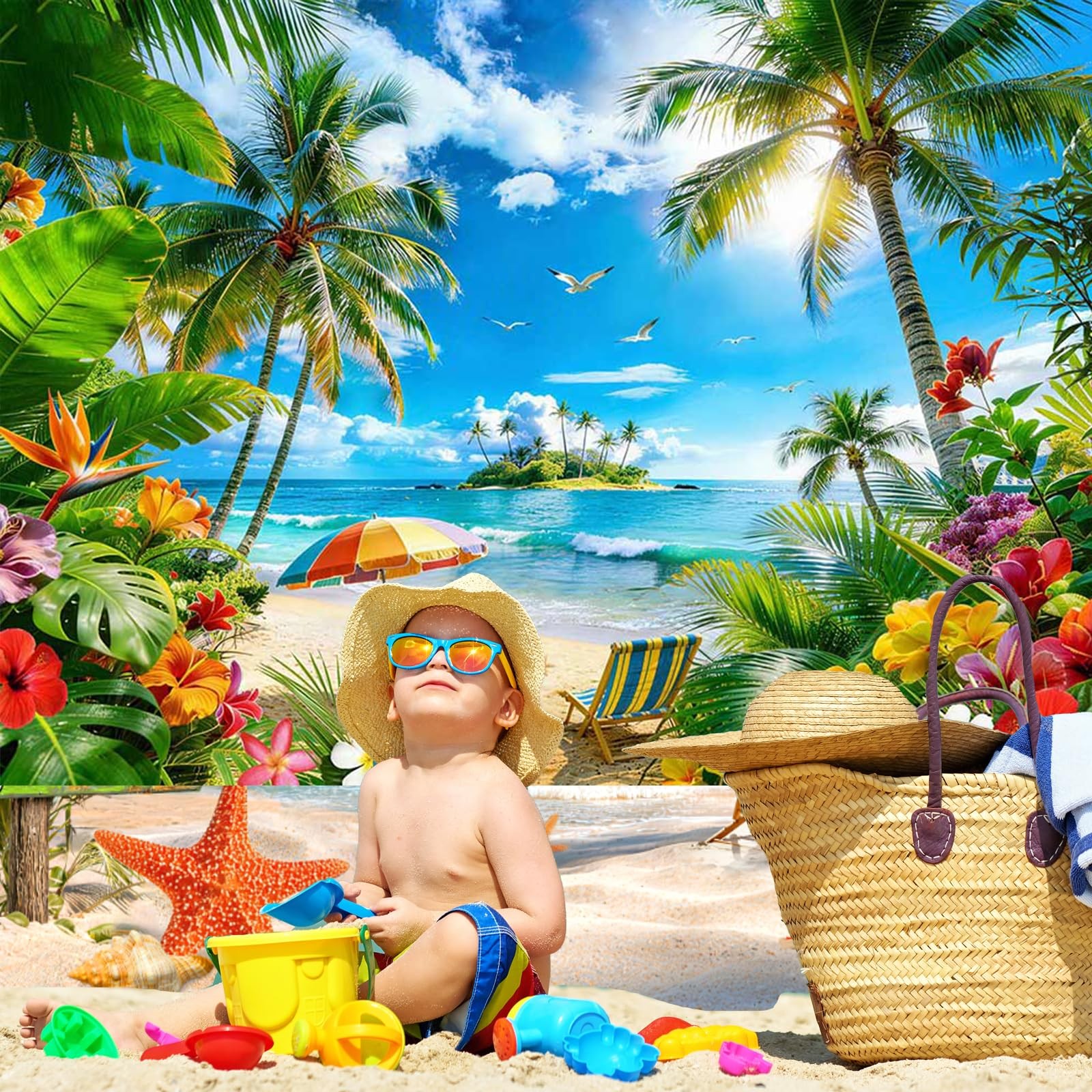 Summer Luau Beach Backdrop 7x5ft Tropical Hawaii Palm Leaves Photo Prop