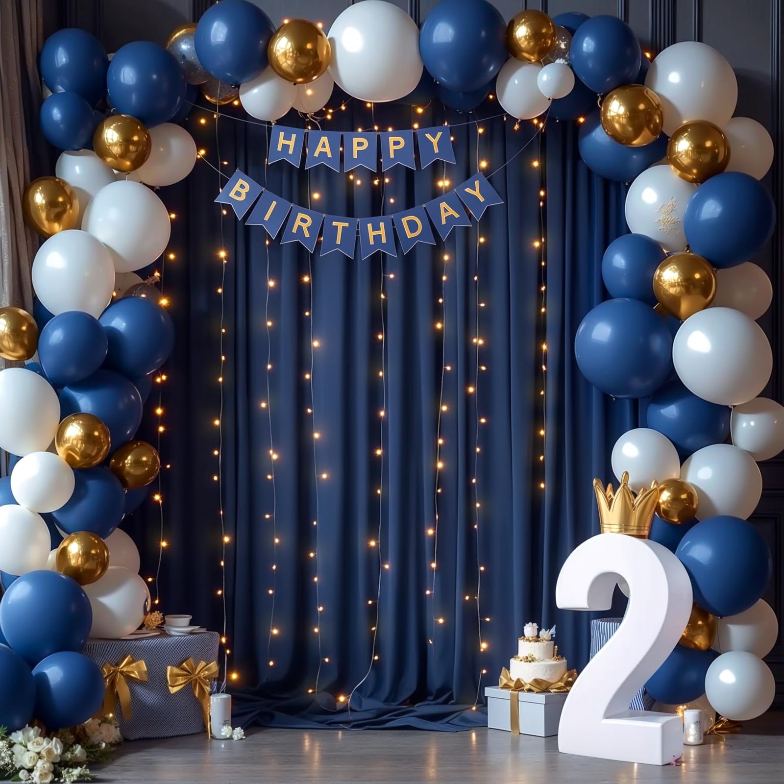 10x10FT Navy Blue Backdrop Curtains, Lights, 2 Panels 5x10ft, Wrinkle Free