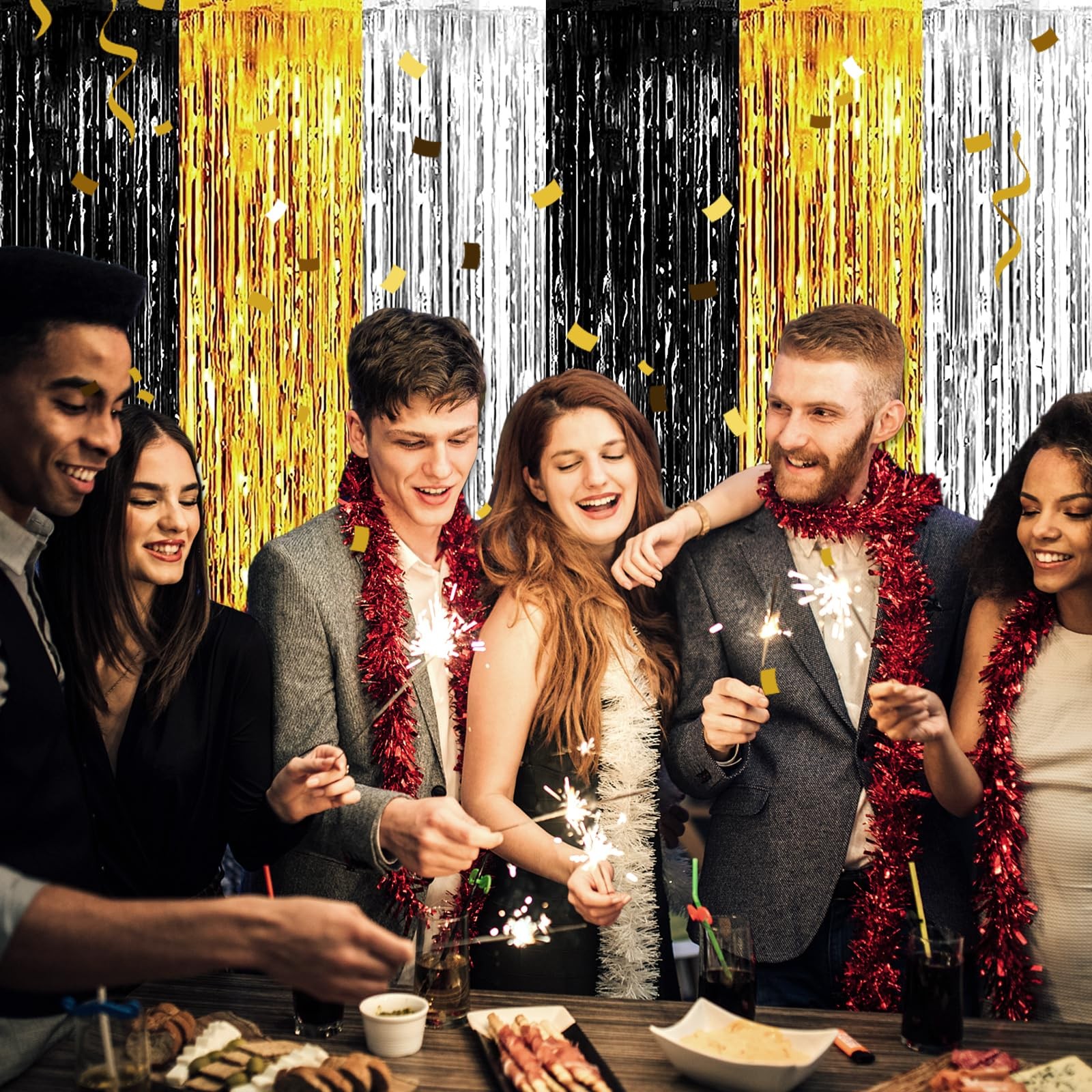 6 Pack Black Gold Silver Foil Fringe Curtain Backdrop 3.28Ft x 8.2Ft Metallic…