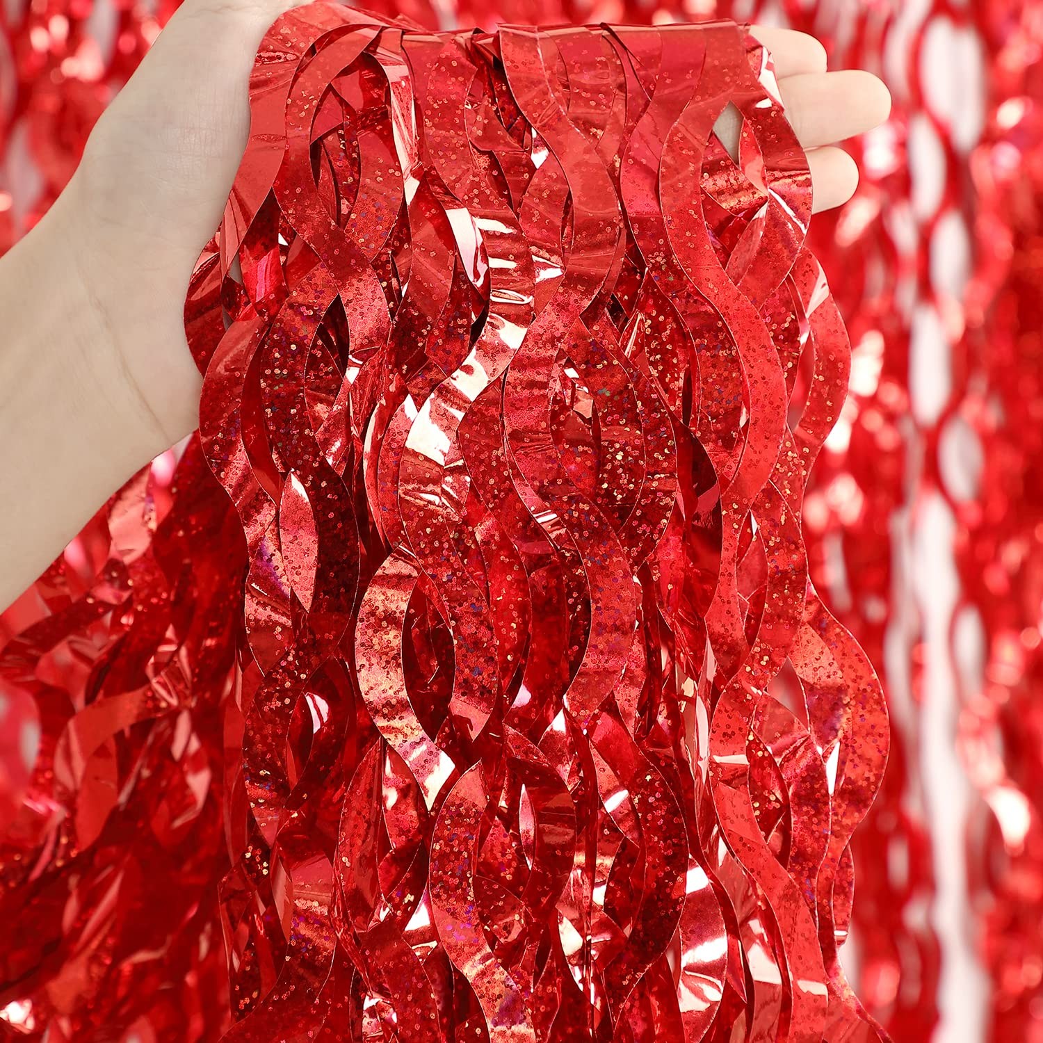 3 Pack Red Foil Backdrop Curtain, 3.3×6.6ft, Streamers, Birthday, Party