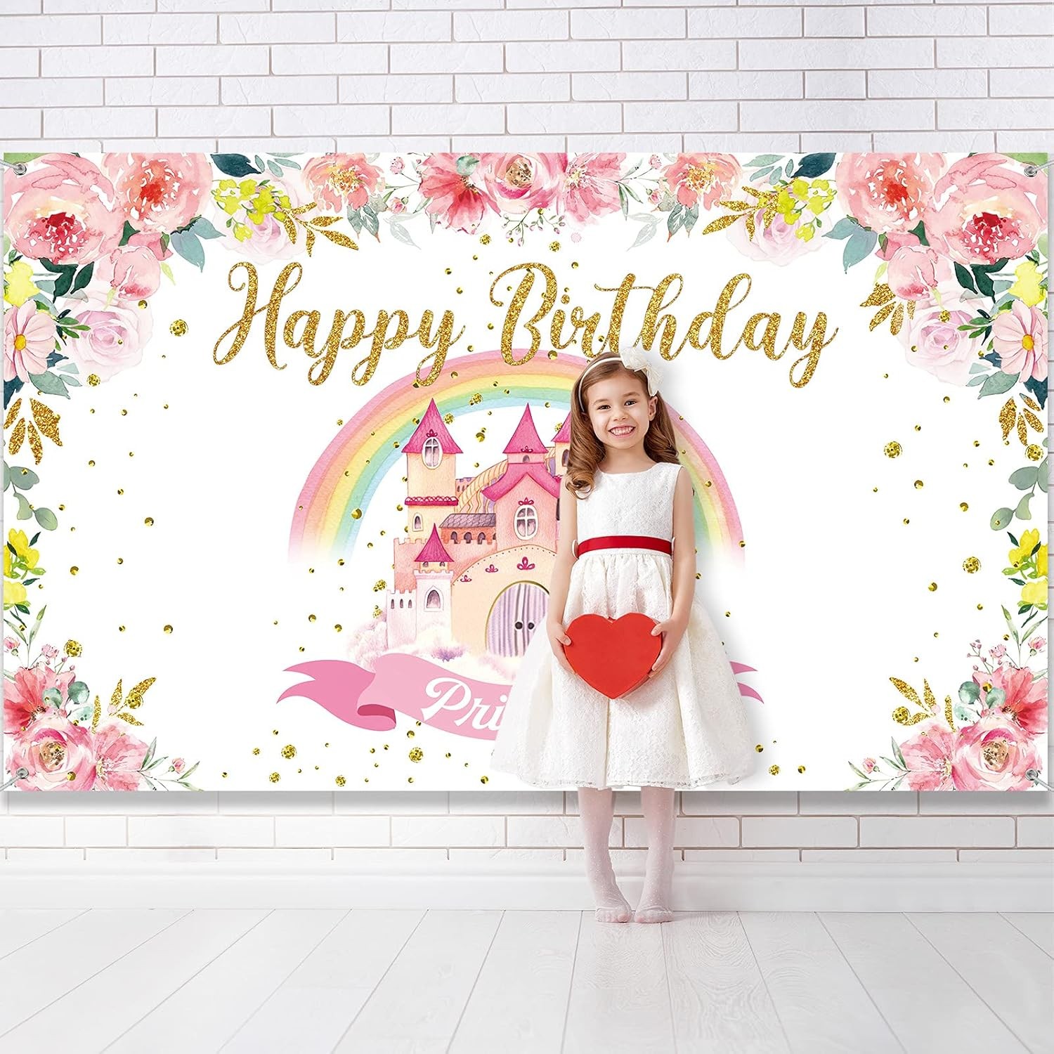Tegeme Princess Birthday Party Backdrop Pink Royal Castle Large, Pink,Rainbow