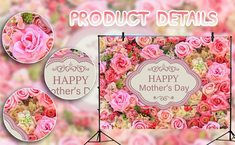 Mother’s Day Flower Backdrop Pink Rose Photography Background Props 7×5 FT