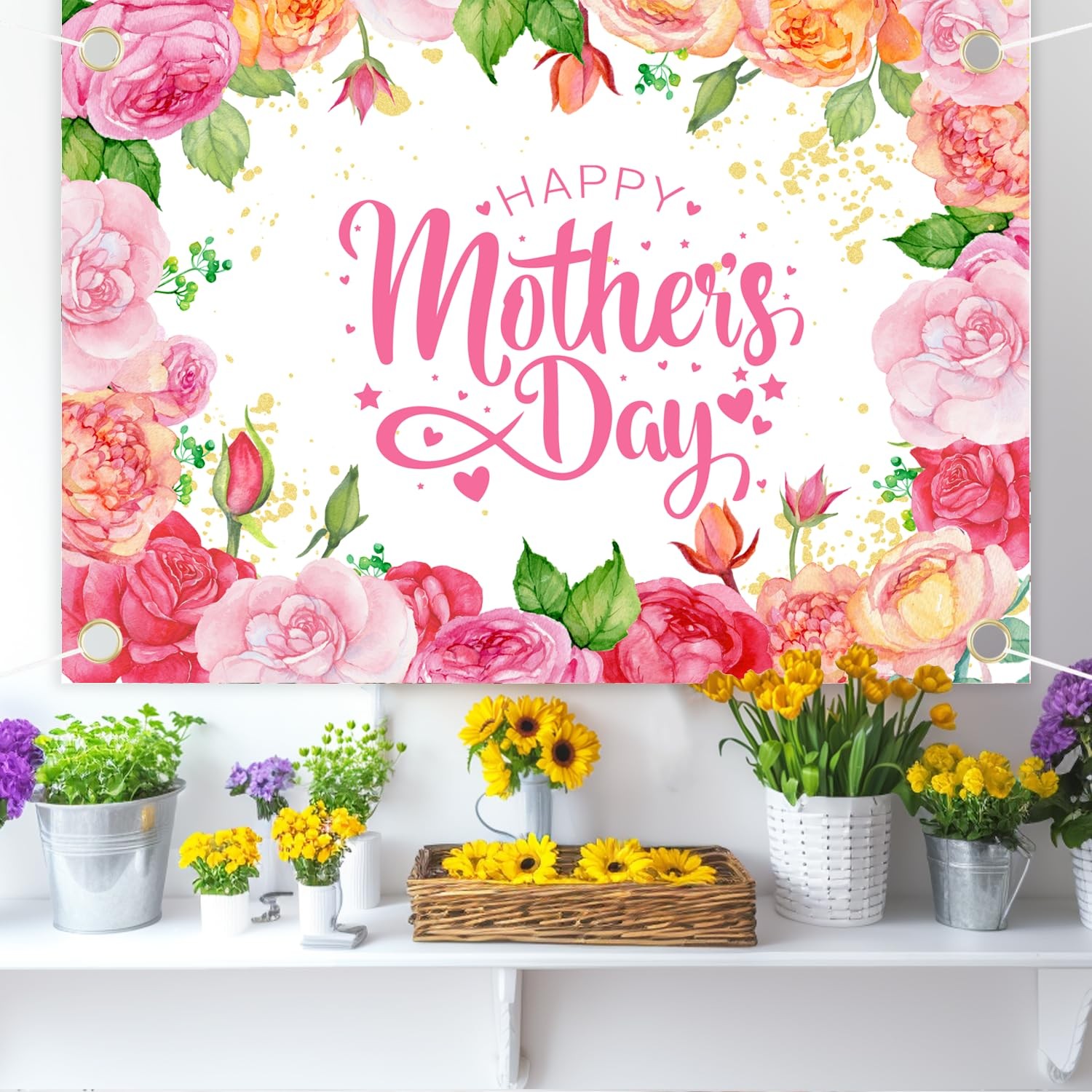 Ouksma 7x5ft Elegant Floral Happy Mother’s 4’9″ x 6’11”, Pink Yellow Flower