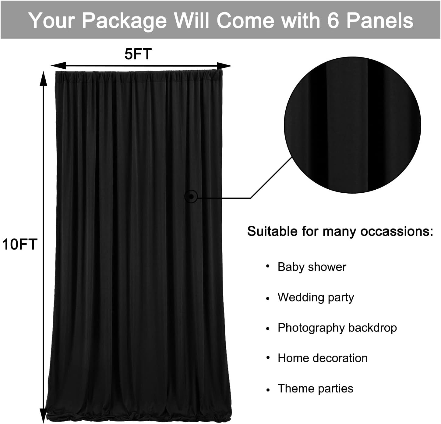 30x10ft Black Backdrop Curtain 6 Panels Wrinkle Free Party Drapes