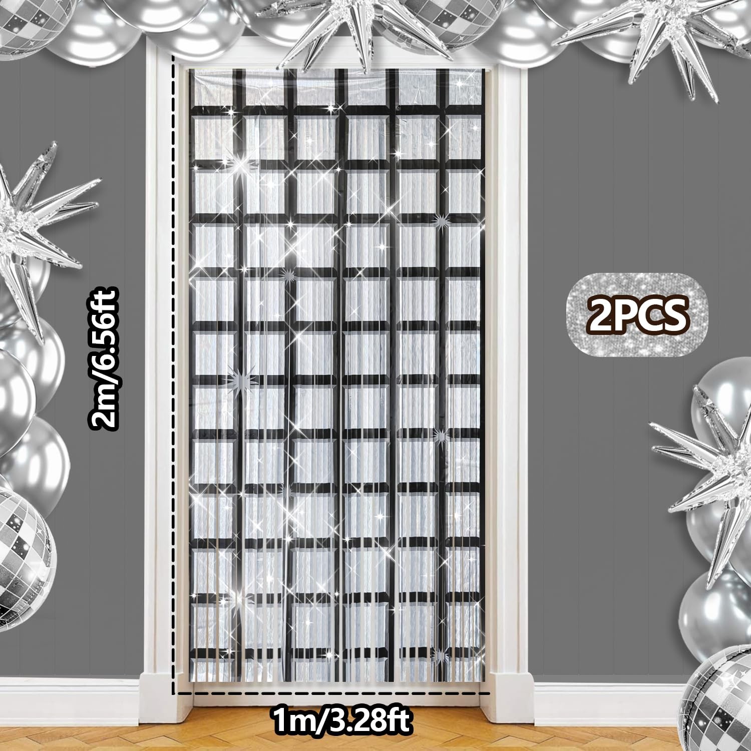 2 Pack Black & Silver Foil Fringe Curtains for Disco Theme Party Backdrop