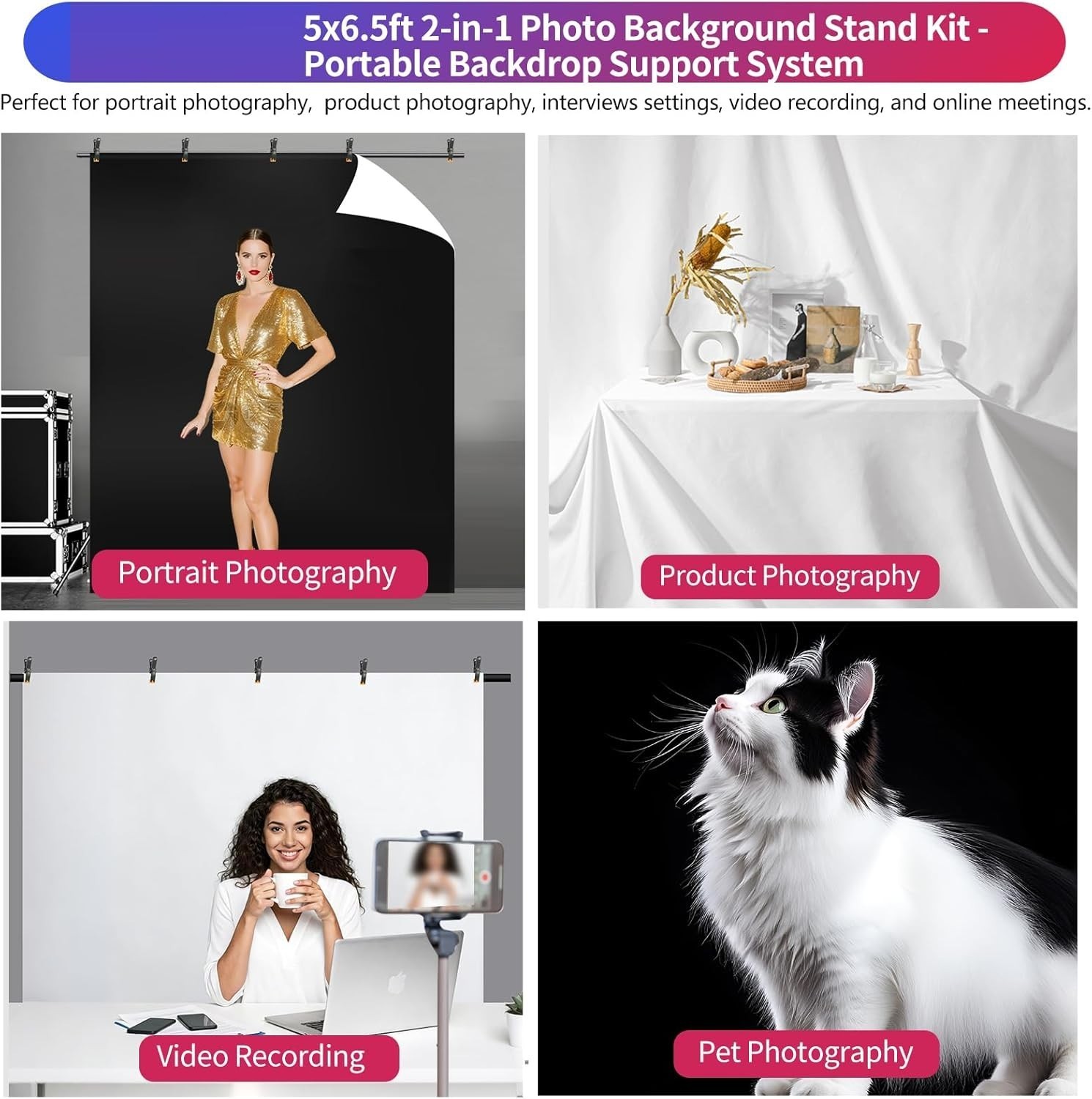 Black White Backdrop Screen with Stand Kit 5×6.5ft Reversible Photo Video Studio