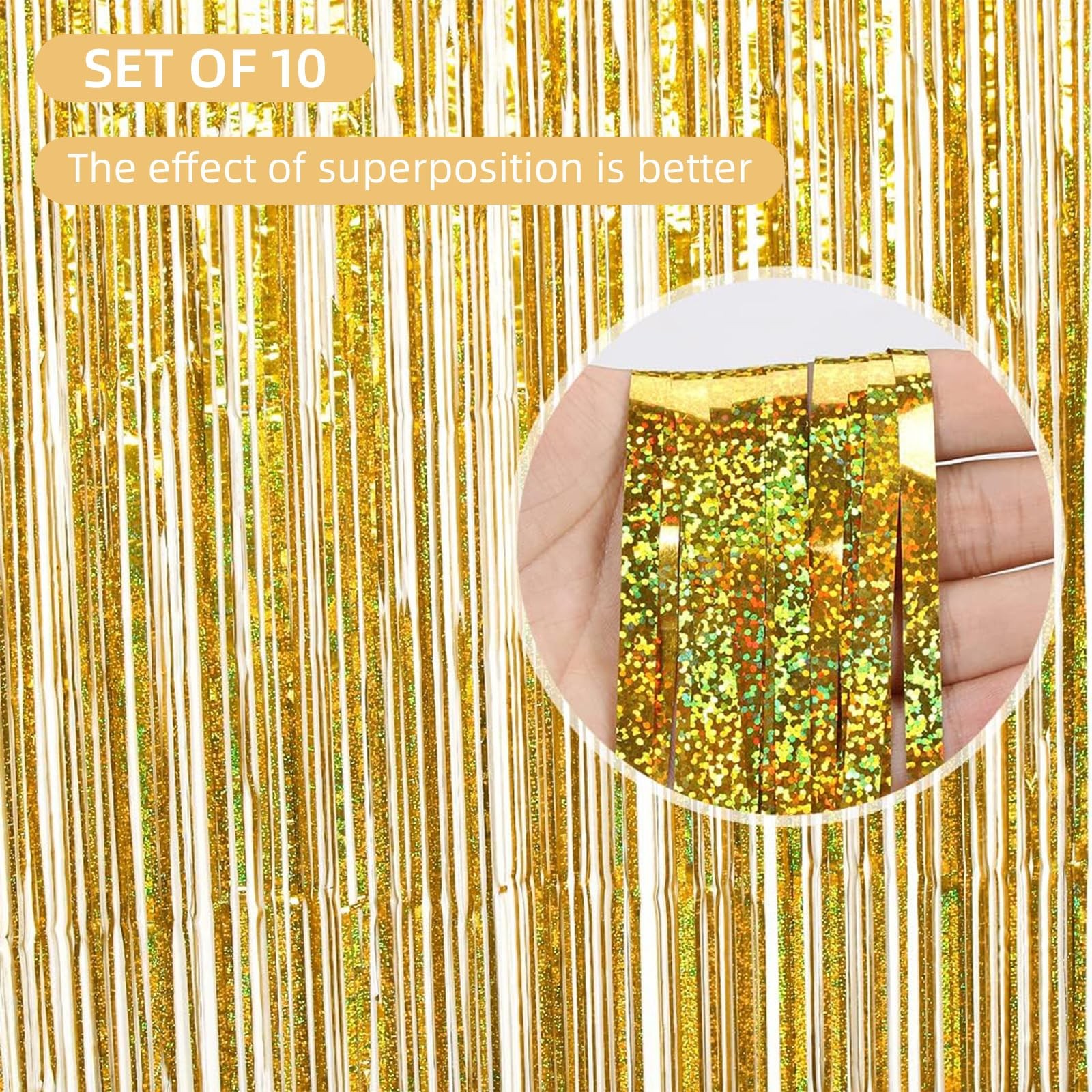 Gold 3.2×6.6ft Metallic Tinsel Foil Fringe Streamer Curtain Backdrop 10 PCS
