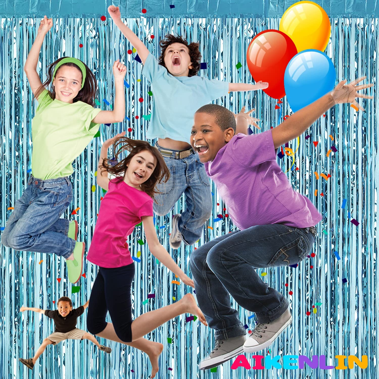 4 Pack Light Blue Foil Fringe Curtain Backdrop 3.2×9.8 Ft Metallic Tinsel