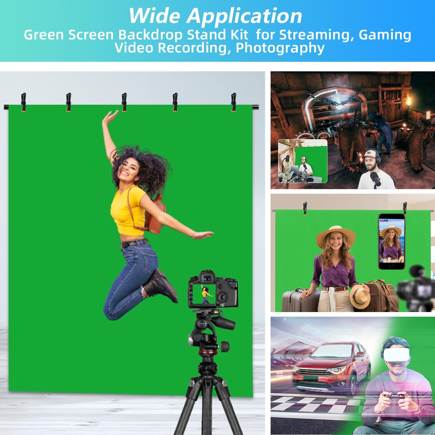Green Screen Backdrop Kit with Stand, 5X6.5ft Portable Green Screen Backdrop
