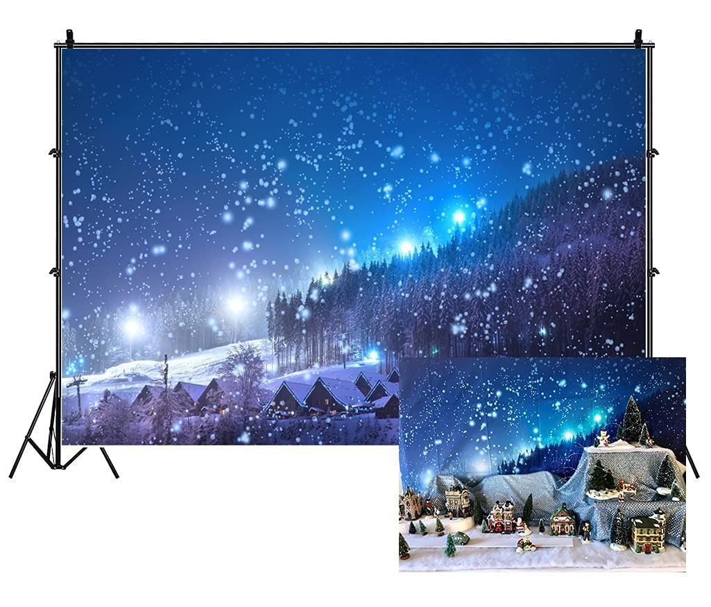 7x5ft Christmas Backdrop Rustic Village Night View Forest Trees Snowing Shini…