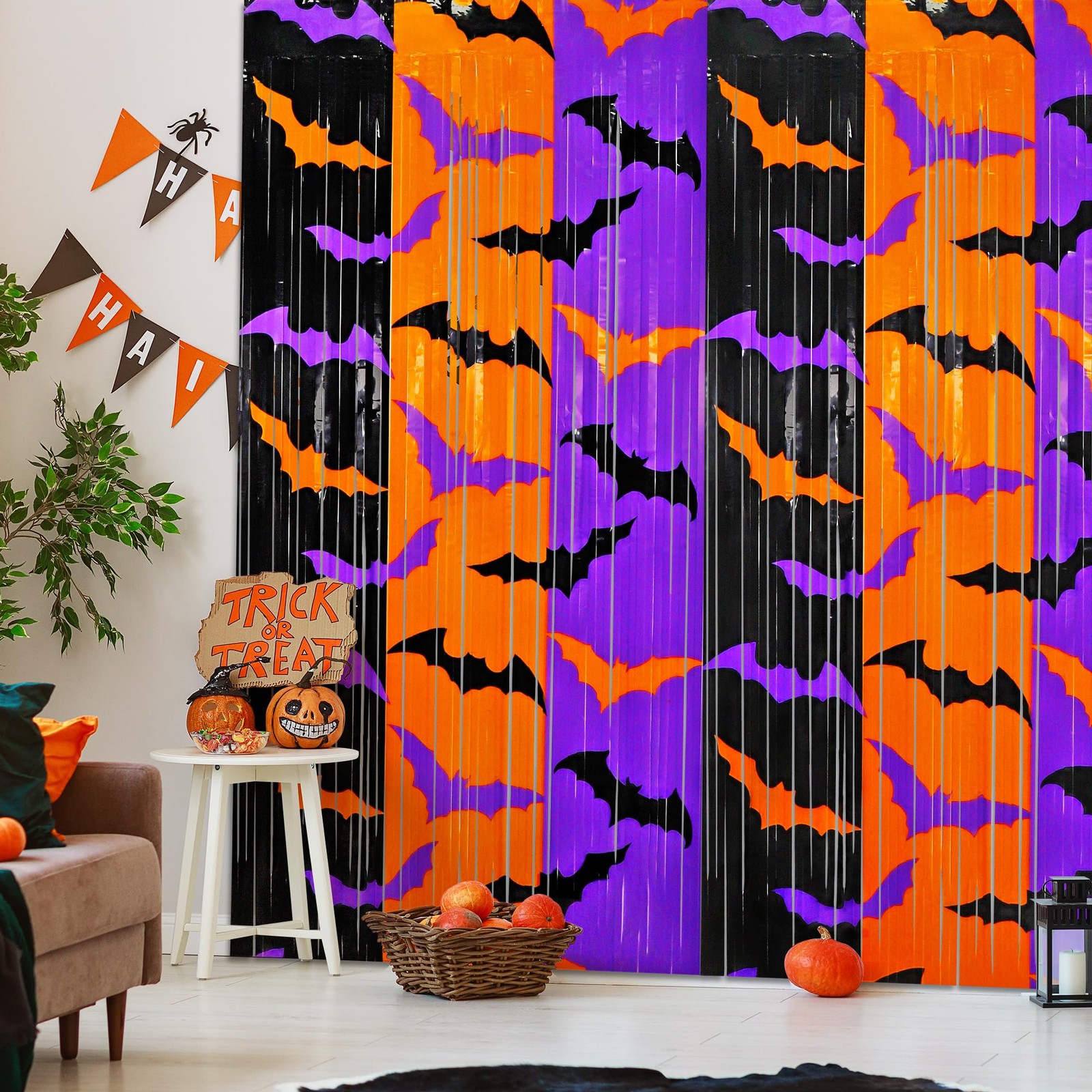 Halloween Decorations – 2 Pack Foil Fringe Curtains, Bat Pattern Backdrop