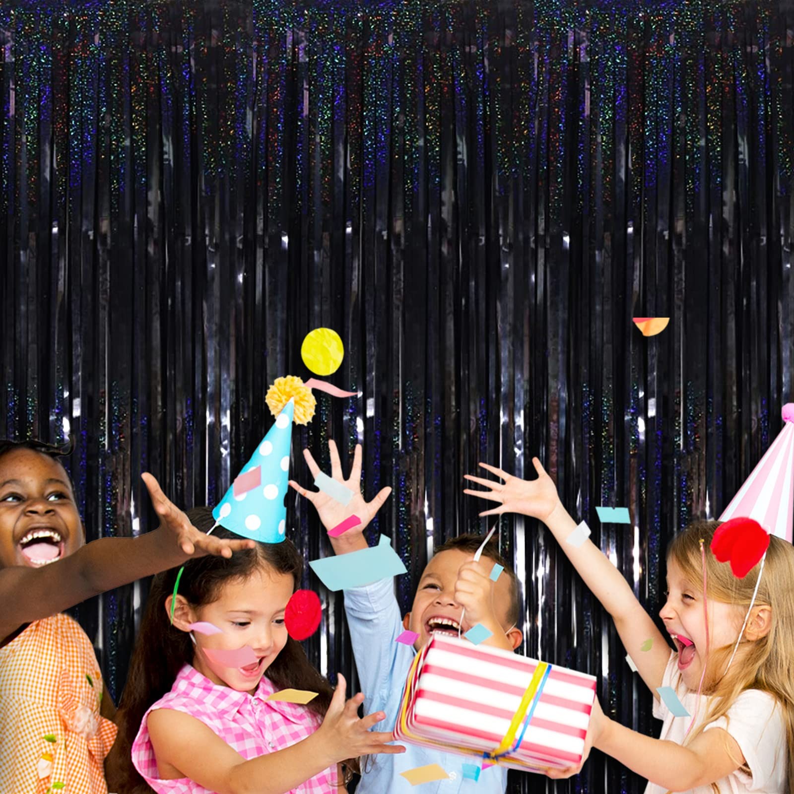 Black Tinsel Foil Fringe Curtain Backdrop Metallic Streamers 4 PCS