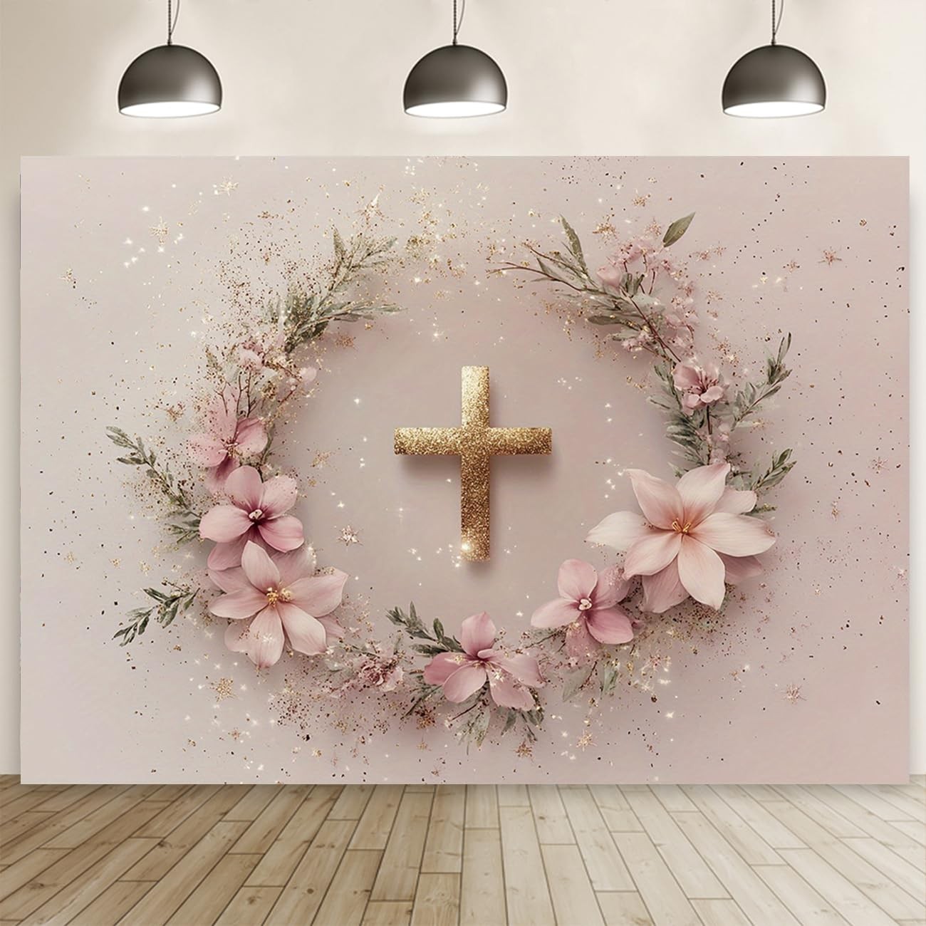 7×5 FT God Bless Baptism Photography Background Pink Floral Gold Newborn