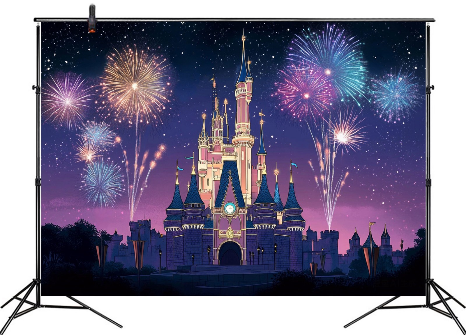10x8ft Garden Fireworks Night Scene Blue Castle Vinyl Backdrop Photo Background