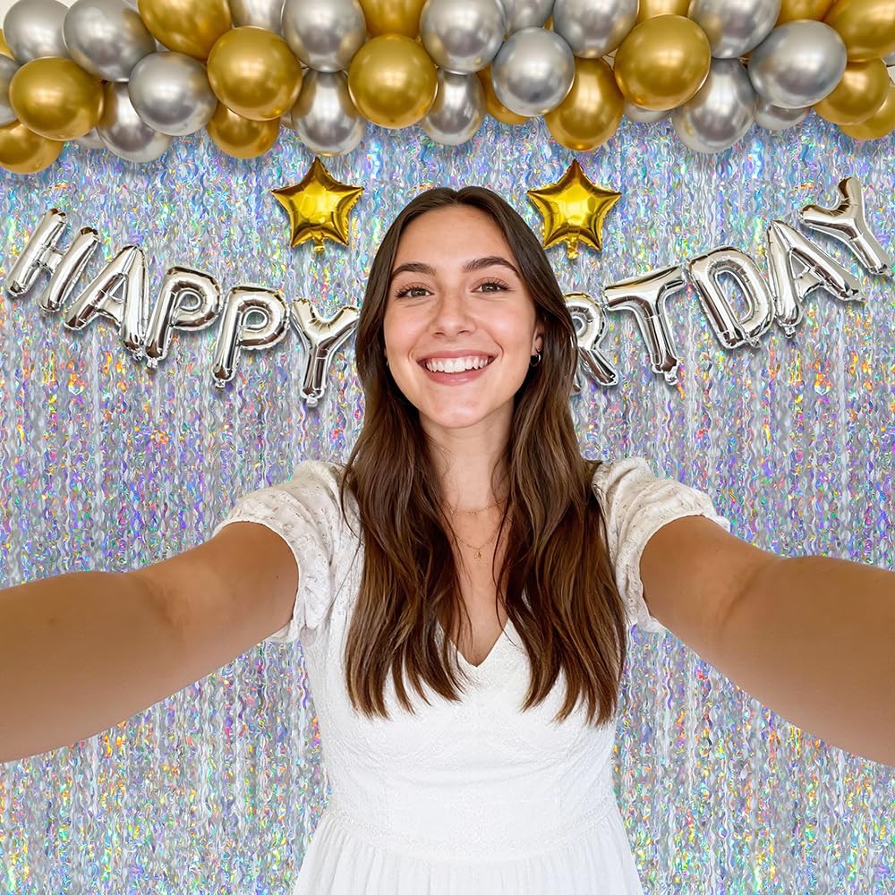 6.56×3.28 Ft Silver Glitter Foil Fringe Metallic Wavy Tinsel Curtains 4 PCS