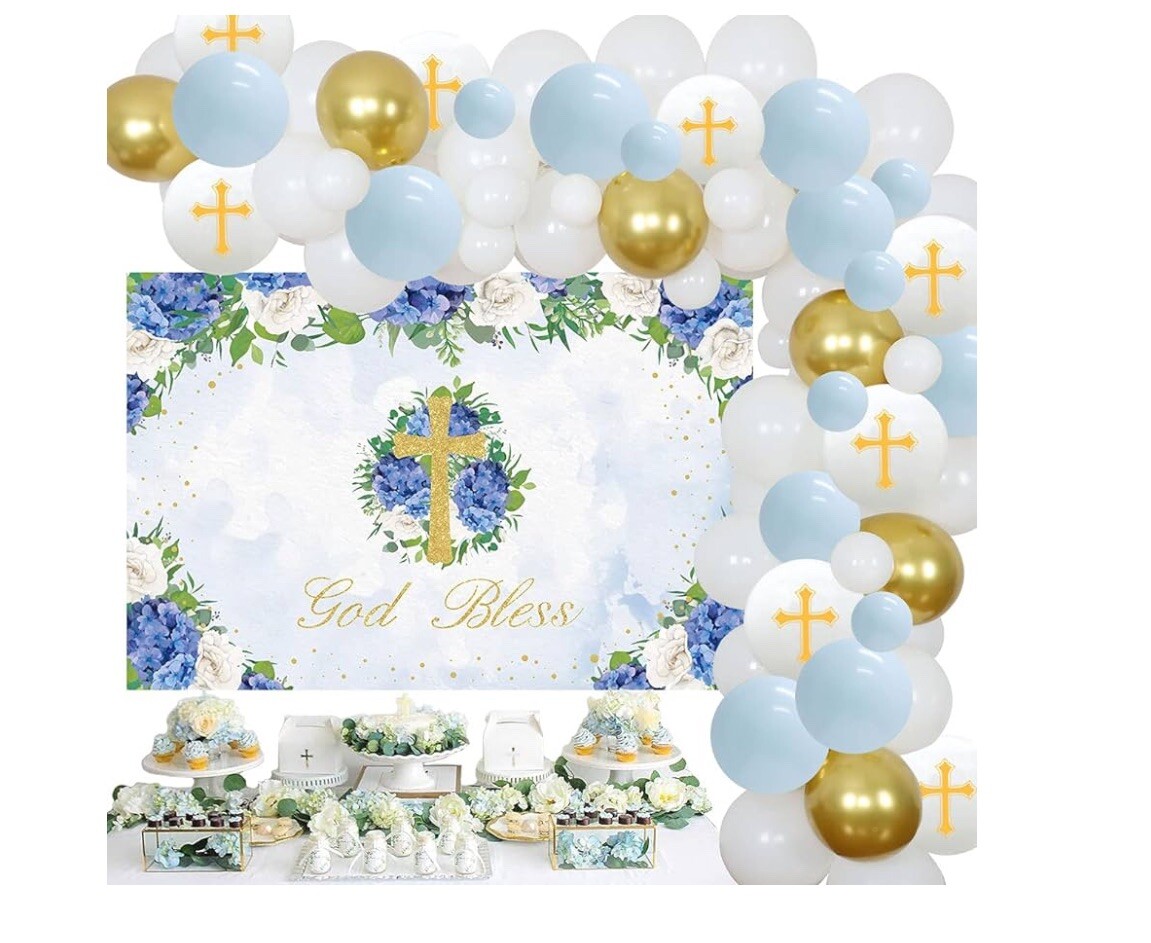 First Communion Decor for Boys God Bless Party Decoration backdrop blue +gift