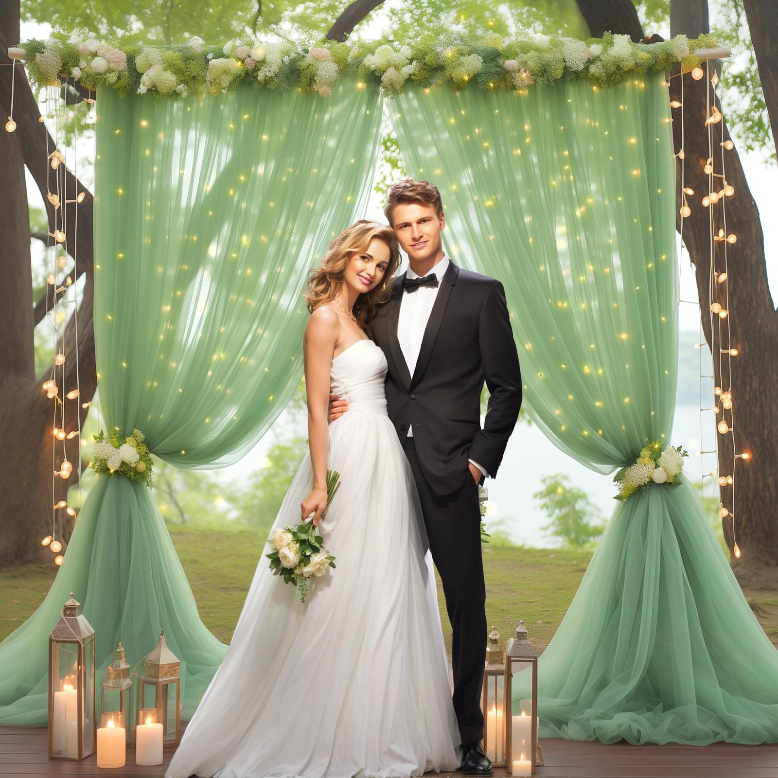 108FT Green Tulle Curtain Backdrop With Lights String Sheer Party Drape Photo