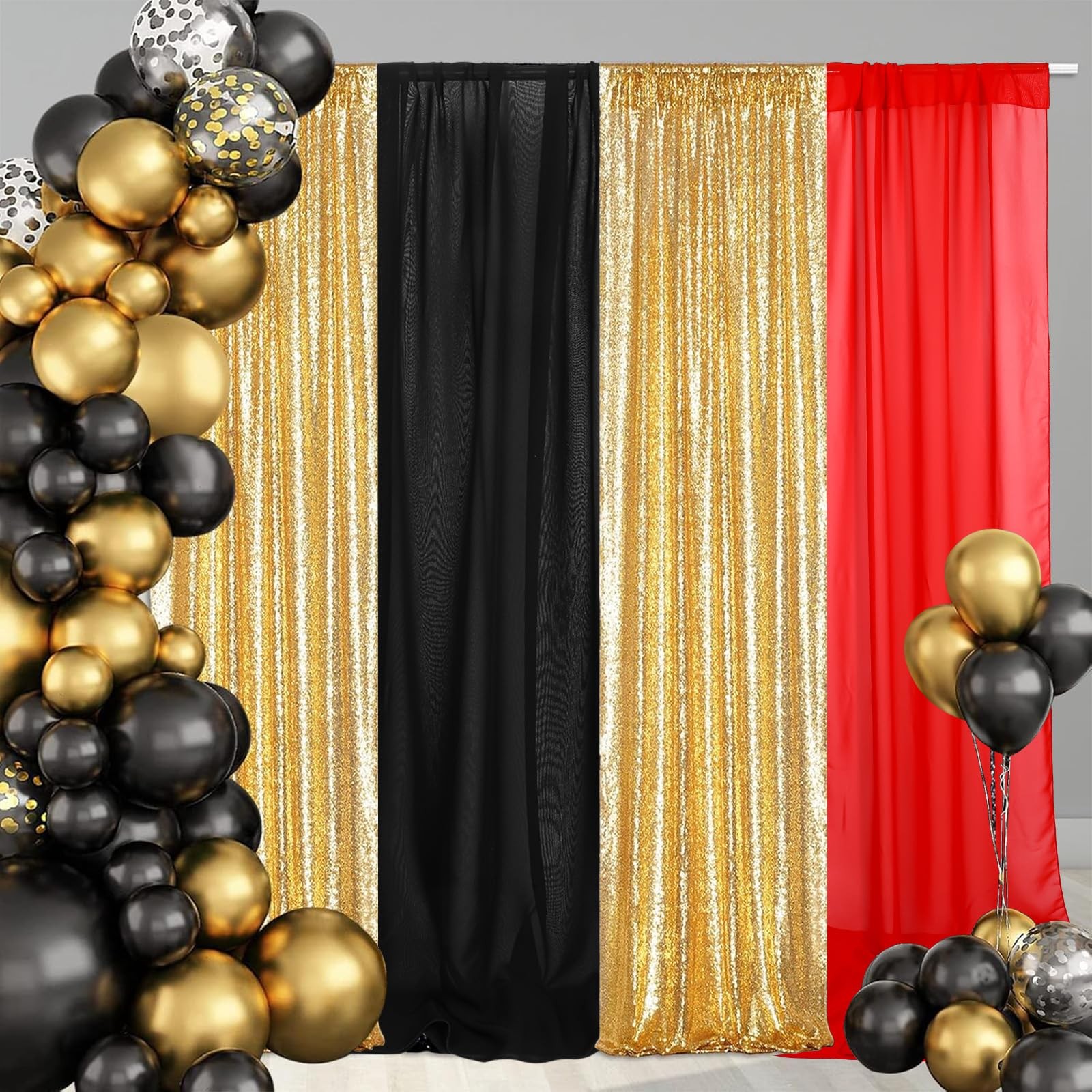 7 Pcs Red Black Gold Movie Night Sequin Backdrop Curtains with Red Carpet 2ft…