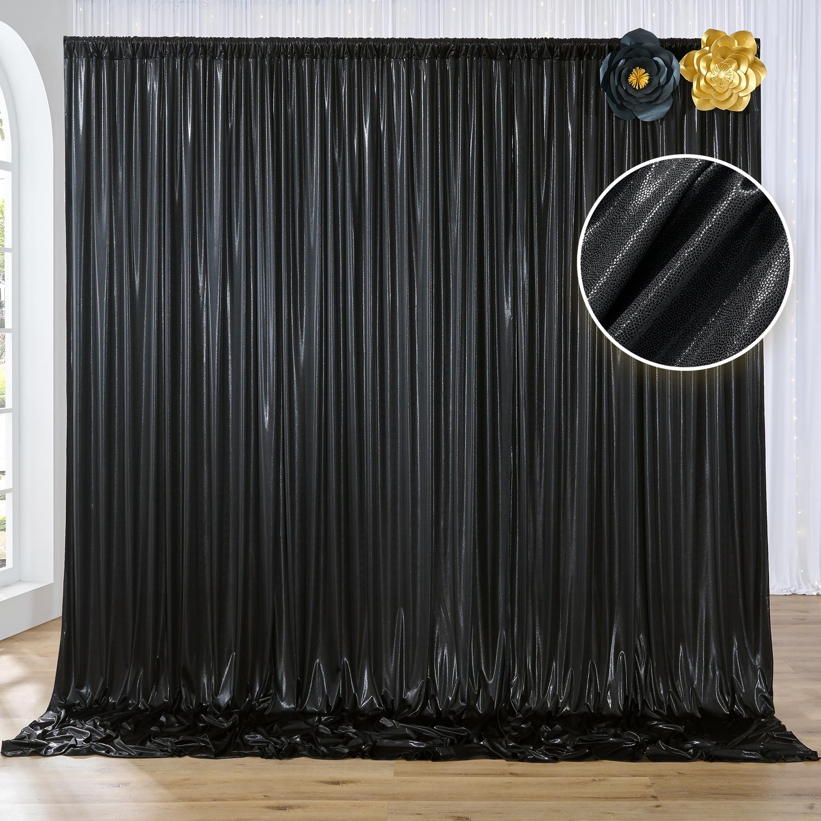 10×10 ft Black Sequin Backdrop Curtain Panels for Parties, Free Glitter Photo…