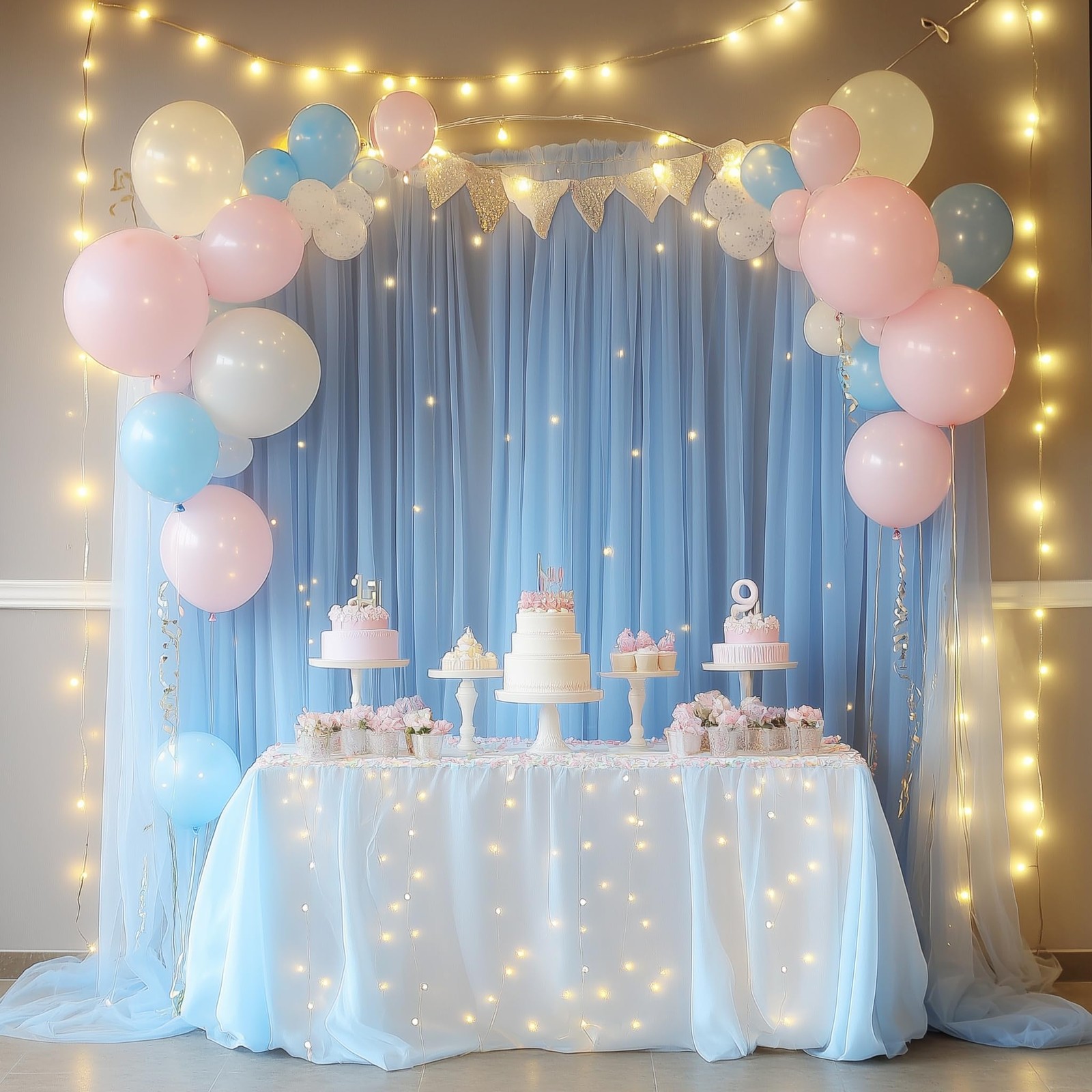 Tulle Backdrop Curtain With Lights String 10×8 FT Baby Blue Sheer Wedding