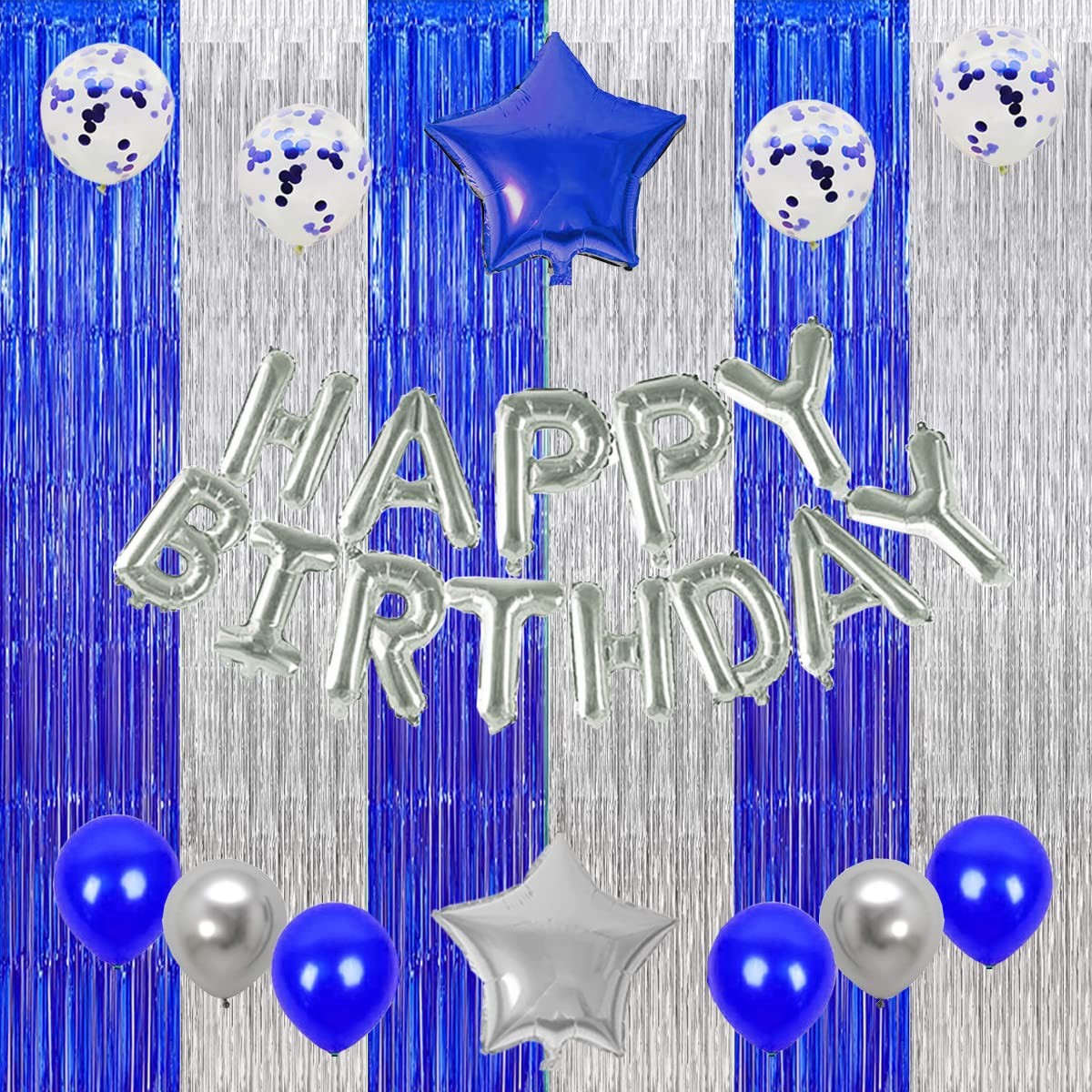 Graduation Backdrop Curtain 2025 Blue Silver Tinsel Foil Fringe Decor 3 Pack