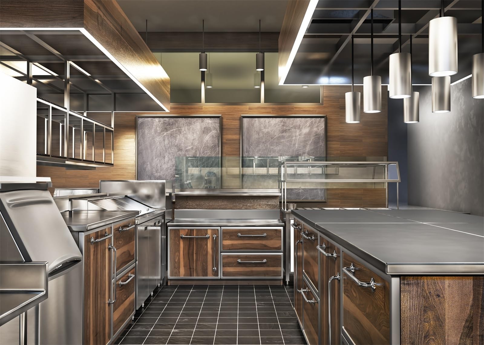 7x5ft Fabric Modern Kitchen Backdrop Restaurant Kitchen Interior Stainless Ov…